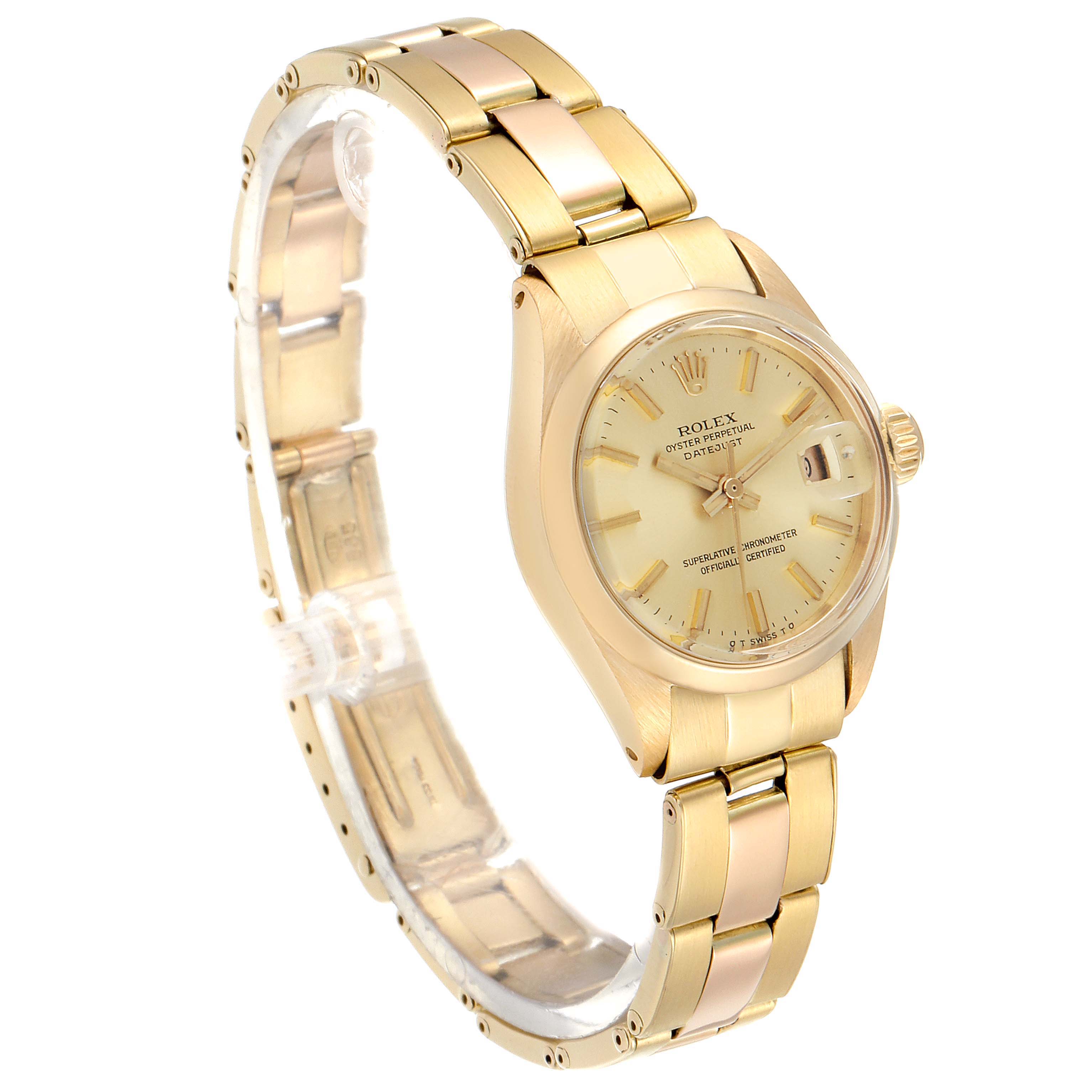 The Rolex President 6916 Women's Yellow Gold Champagne Dial 6916 Women's Yellow Gold Champagne Dial model watch is shown at an angle from the side, highlighting the bracelet, case, and face.