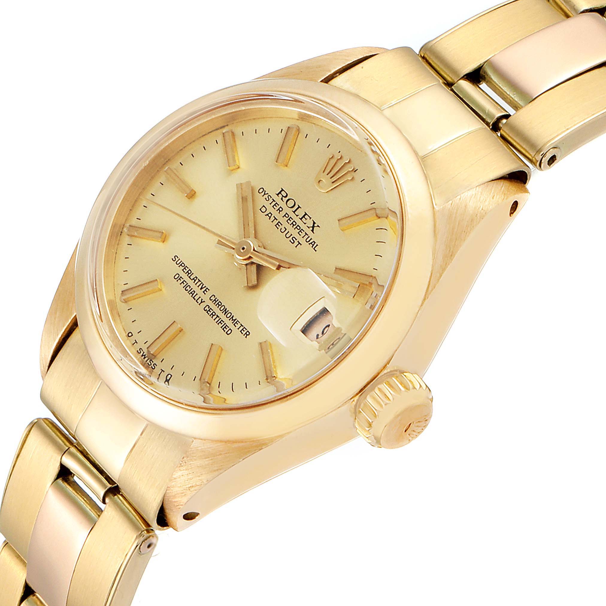 The image shows a close-up of the Rolex President 6916 Women's Yellow Gold Champagne Dial 6916 Women's Yellow Gold Champagne Dial model watch, displaying its face, bezel, bracelet, and crown.