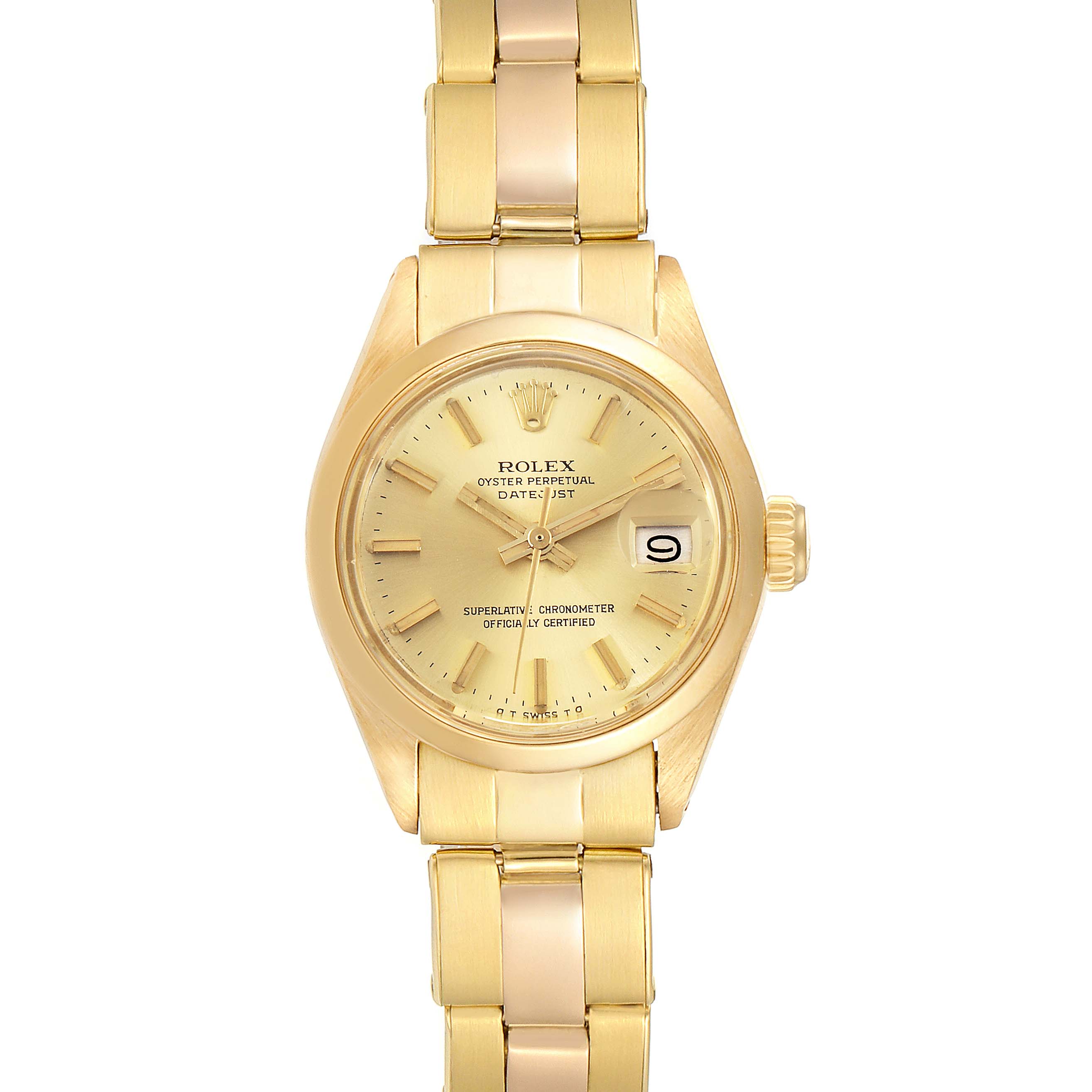 This is a front view of a Rolex President 6916 Women's Yellow Gold Champagne Dial 6916 Women's Yellow Gold Champagne Dial model watch, showcasing its gold bracelet, bezel, dial, and date window.