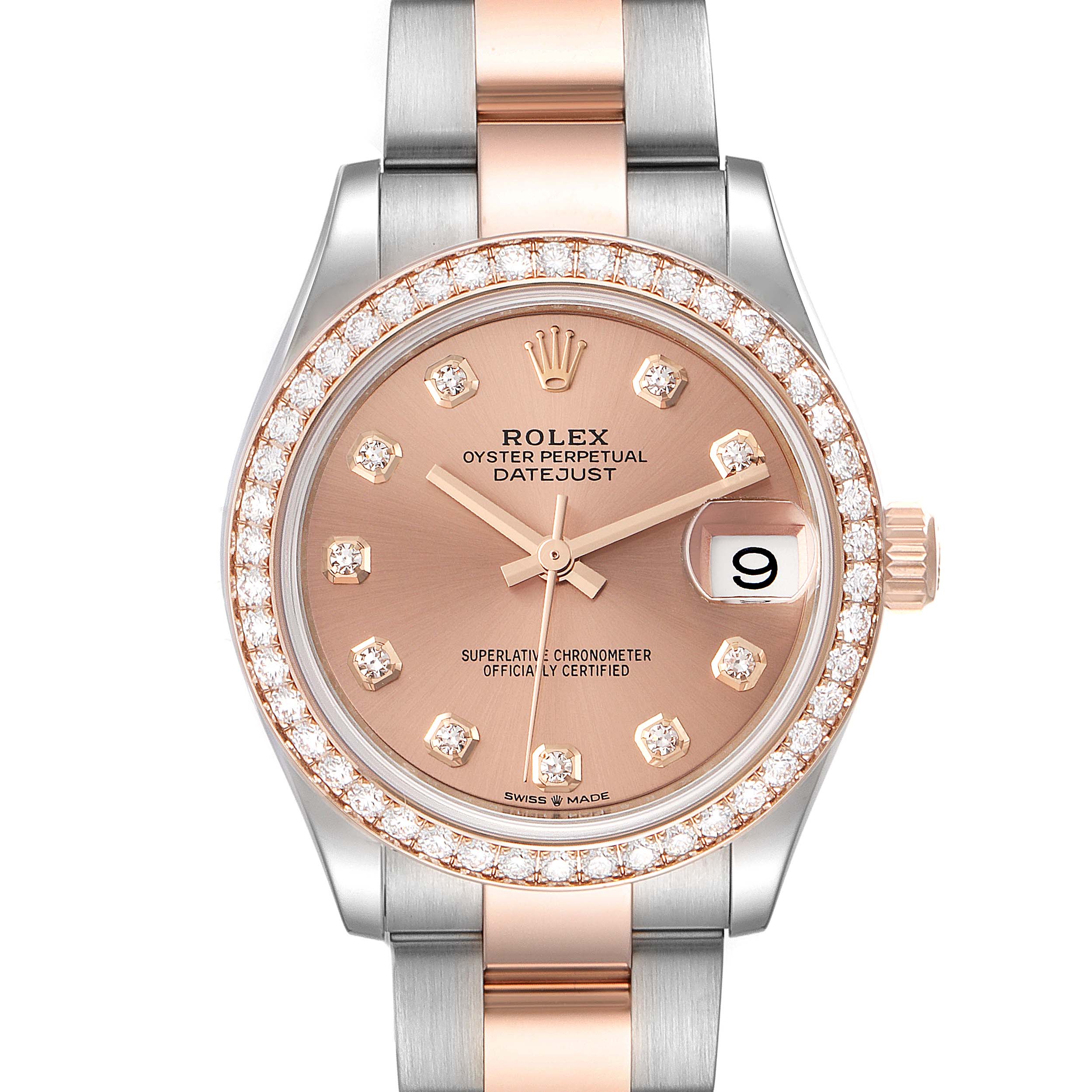 This image shows a front view of the Rolex Oyster Perpetual Datejust Mid-Size watch displaying its face, bezel, and bracelet.