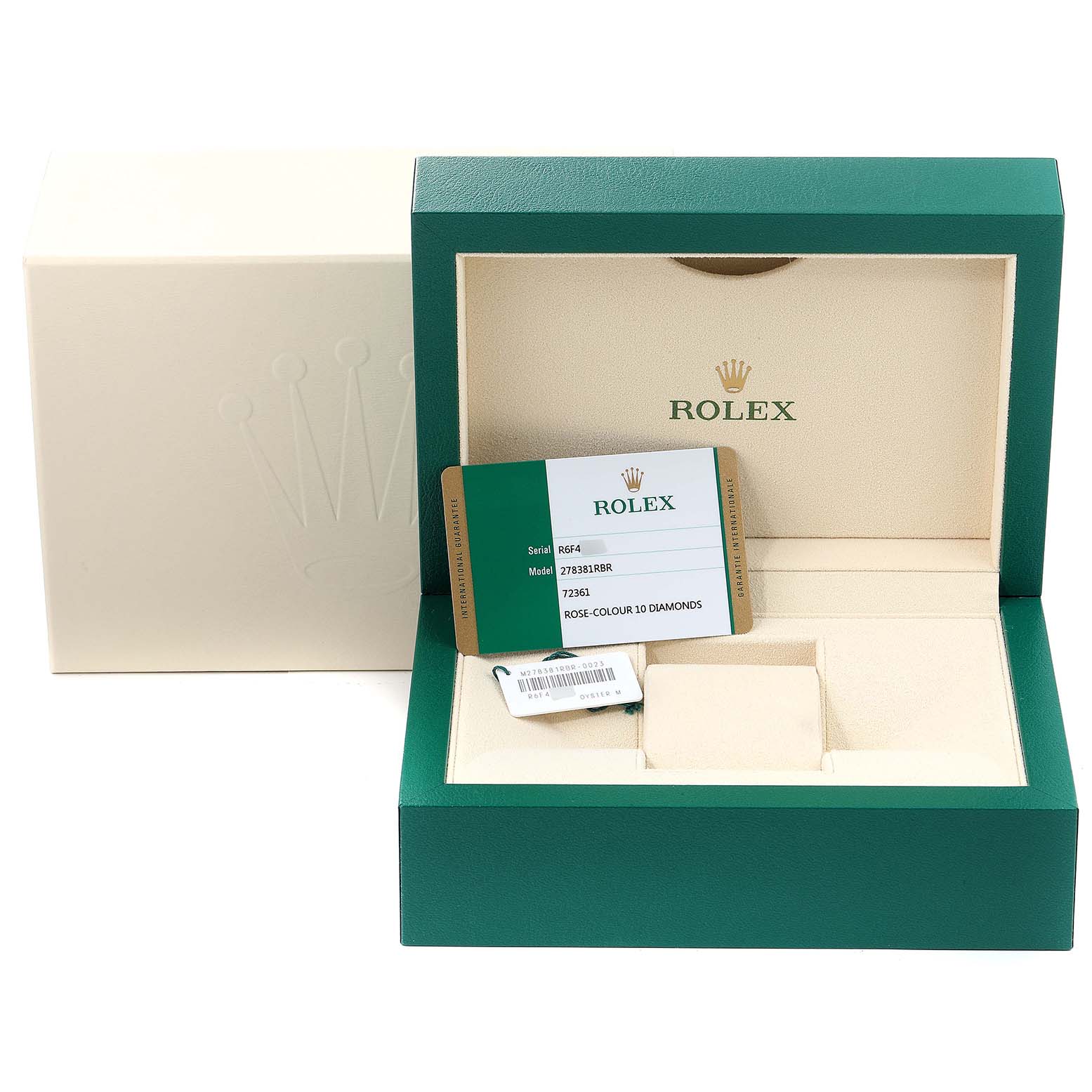 The image shows the open case and information card for a Rolex Mid-Size 278381 Women's Steel and Gold (two tone) Pink Dial 278381 Women's Steel and Gold (two tone) Pink Dial model watch.