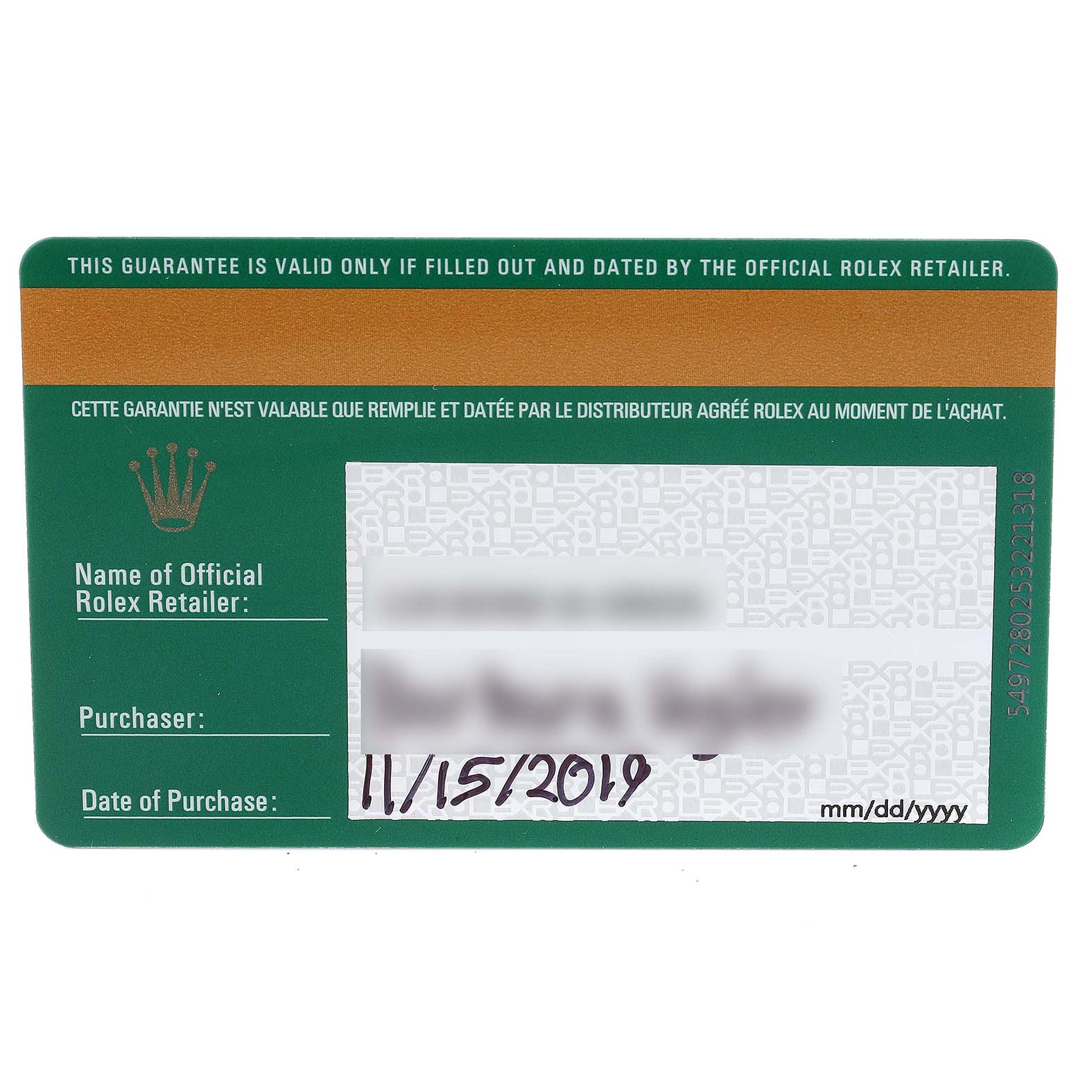 This is a top-down view of the guarantee card for a Mid-Size Rolex watch.