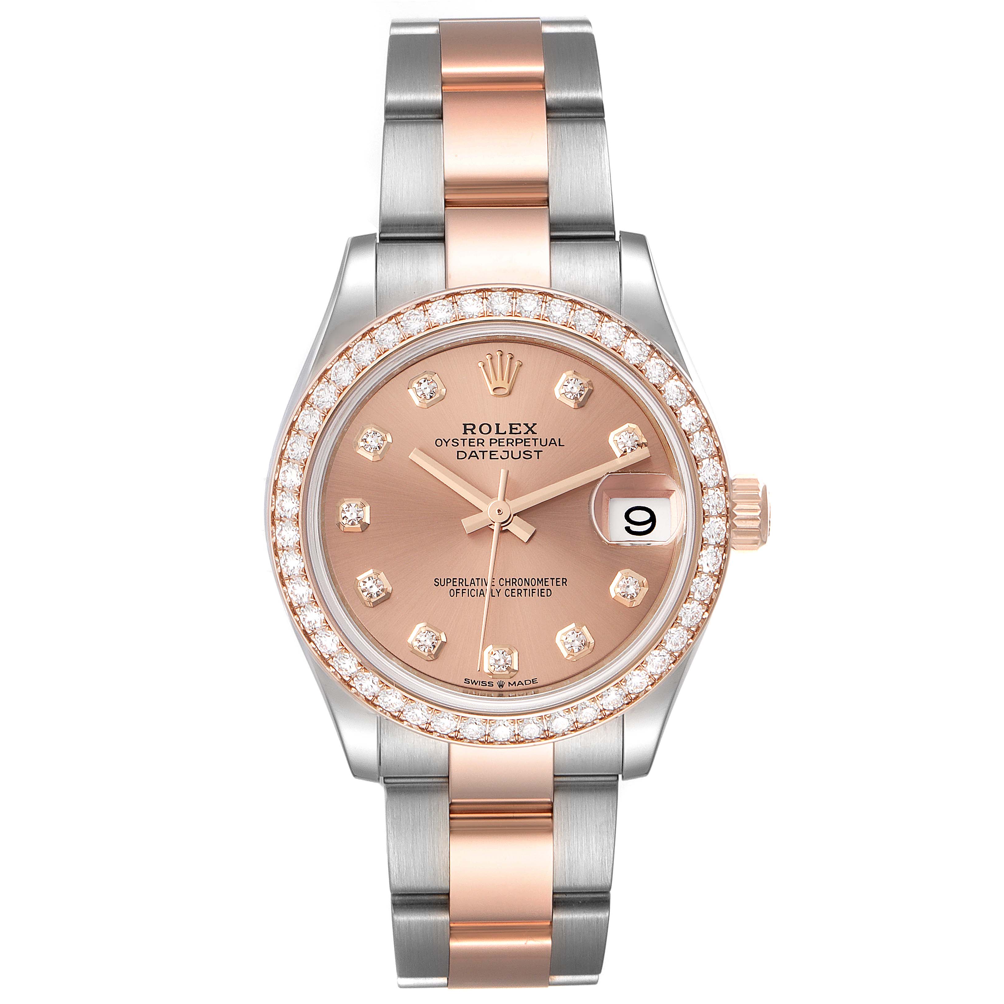 The image shows a front view of a Rolex Mid-Size 278381 Women's Steel and Gold (two tone) Pink Dial 278381 Women's Steel and Gold (two tone) Pink Dial Oyster Perpetual Datejust watch, including the face, bezel, and bracelet.