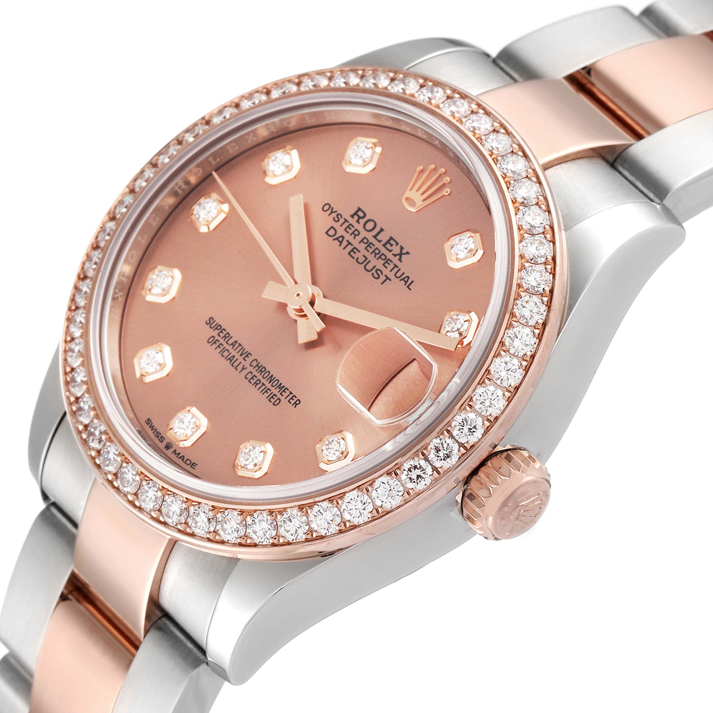 The image shows a close-up view of the Rolex Mid-Size 278381 Women's Steel and Gold (two tone) Pink Dial 278381 Women's Steel and Gold (two tone) Pink Dial Datejust watch's face and band at a slight angle.