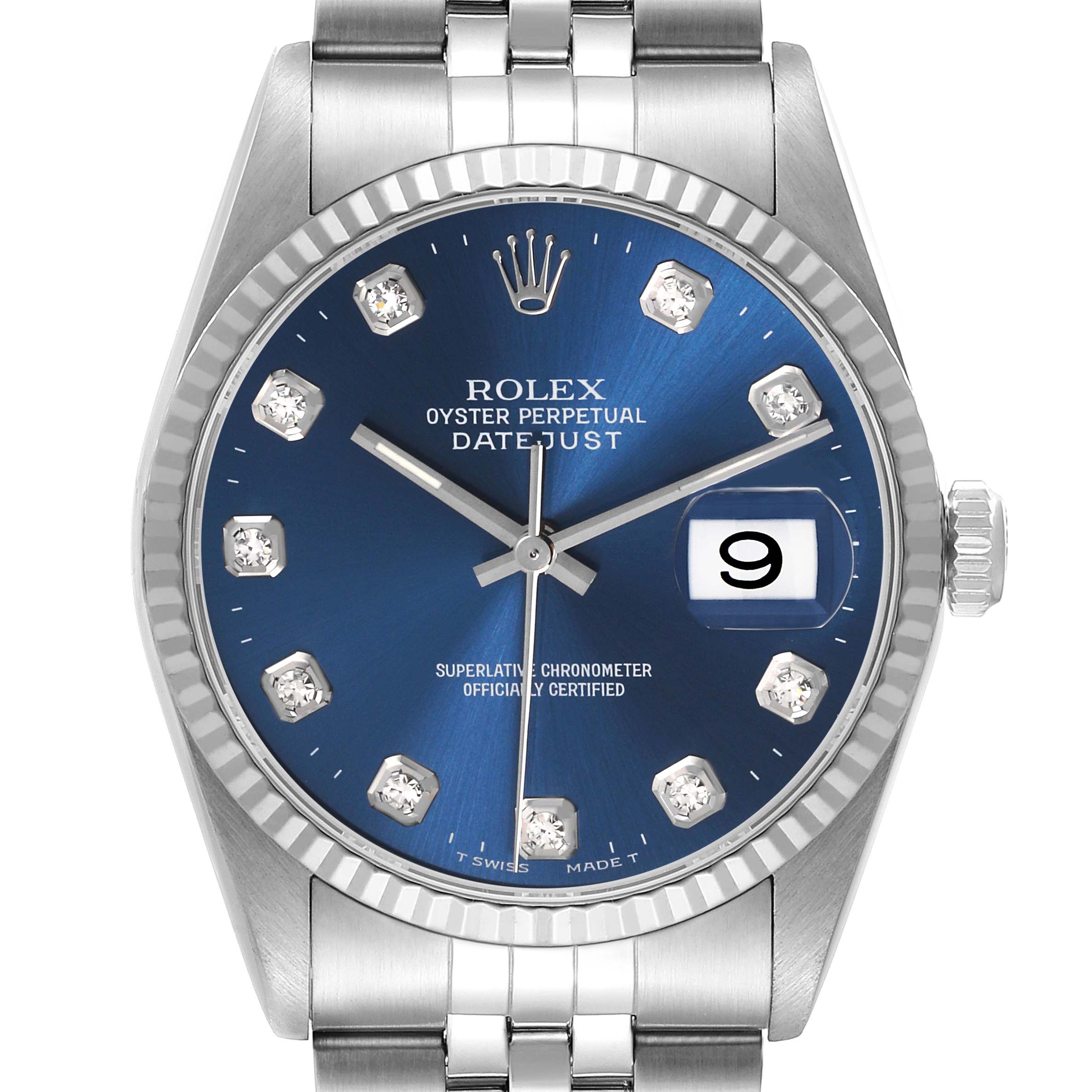The image shows a frontal view of the Rolex Datejust 16234 Men's Stainless Steel Blue Dial 16234 Men's Stainless Steel Blue Dial watch, highlighting the dial, case, bezel, and bracelet.