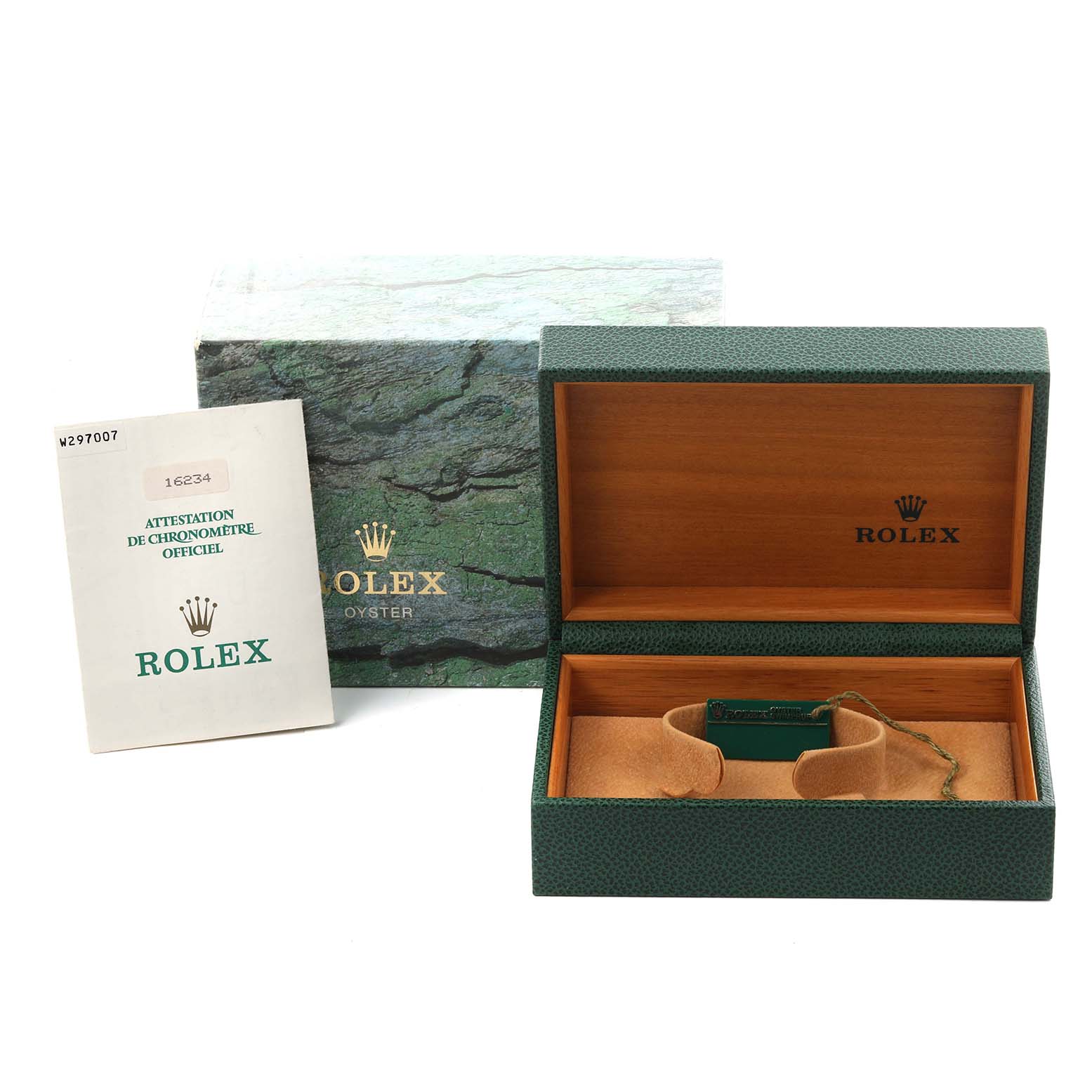 The image shows a Rolex Datejust 16234 Men's Stainless Steel Blue Dial 16234 Men's Stainless Steel Blue Dial box, outer packaging, and documentation from a front angle.