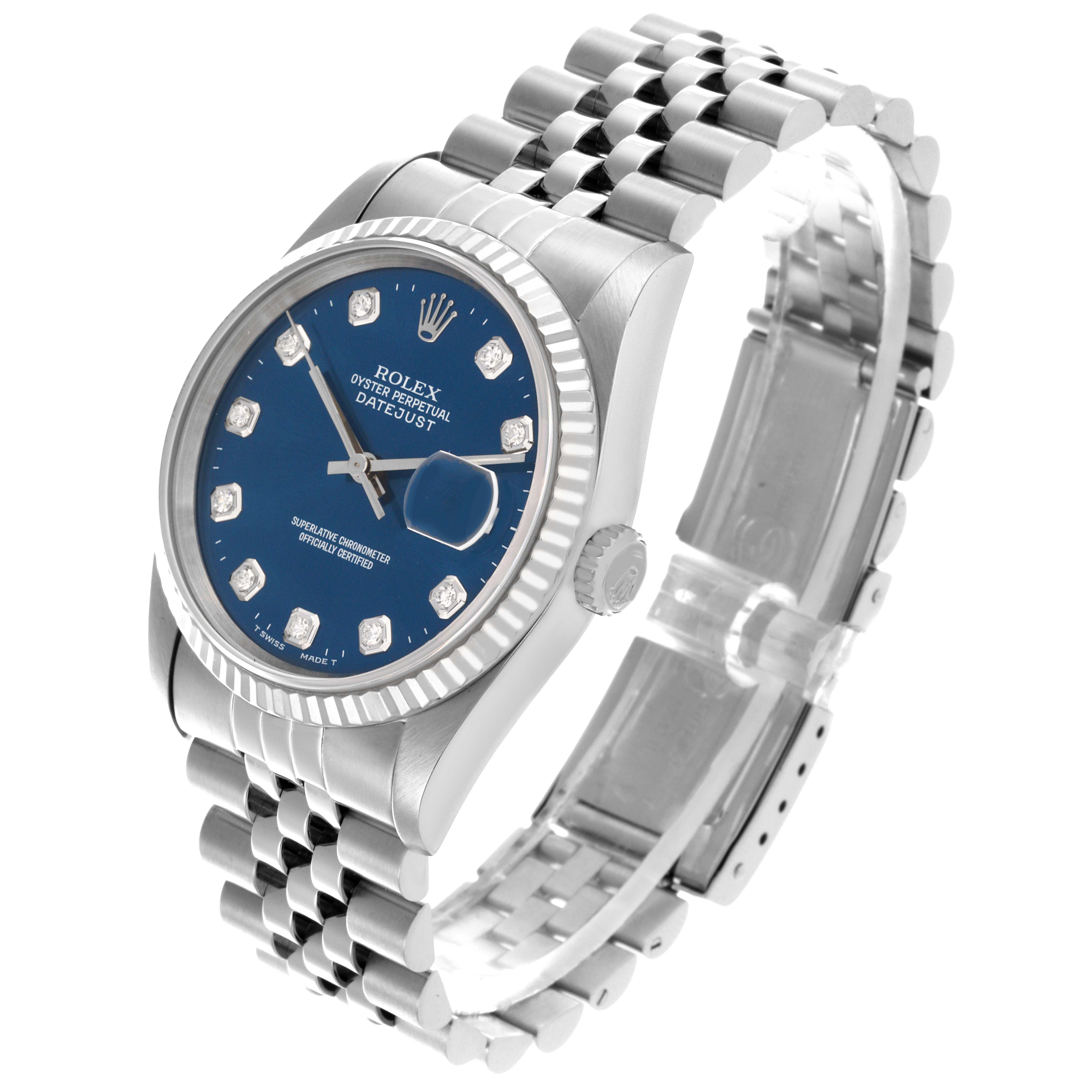 The Rolex Datejust 16234 Men's Stainless Steel Blue Dial 16234 Men's Stainless Steel Blue Dial watch is shown at a three-quarter angle, displaying the face, side, and Jubilee bracelet.