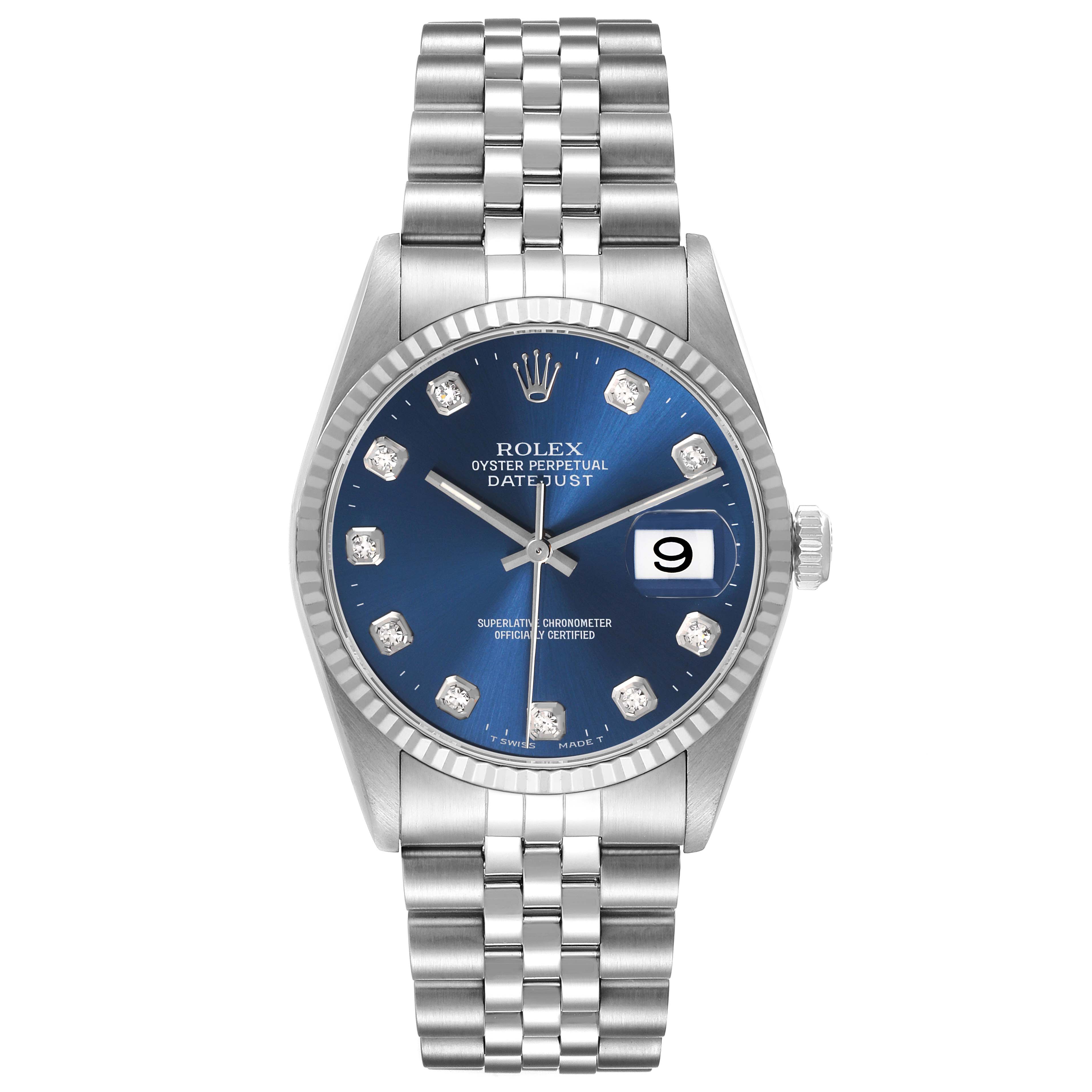 The Rolex Datejust 16234 Men's Stainless Steel Blue Dial 16234 Men's Stainless Steel Blue Dial watch is shown from a front angle, highlighting the face, bezel, and bracelet.