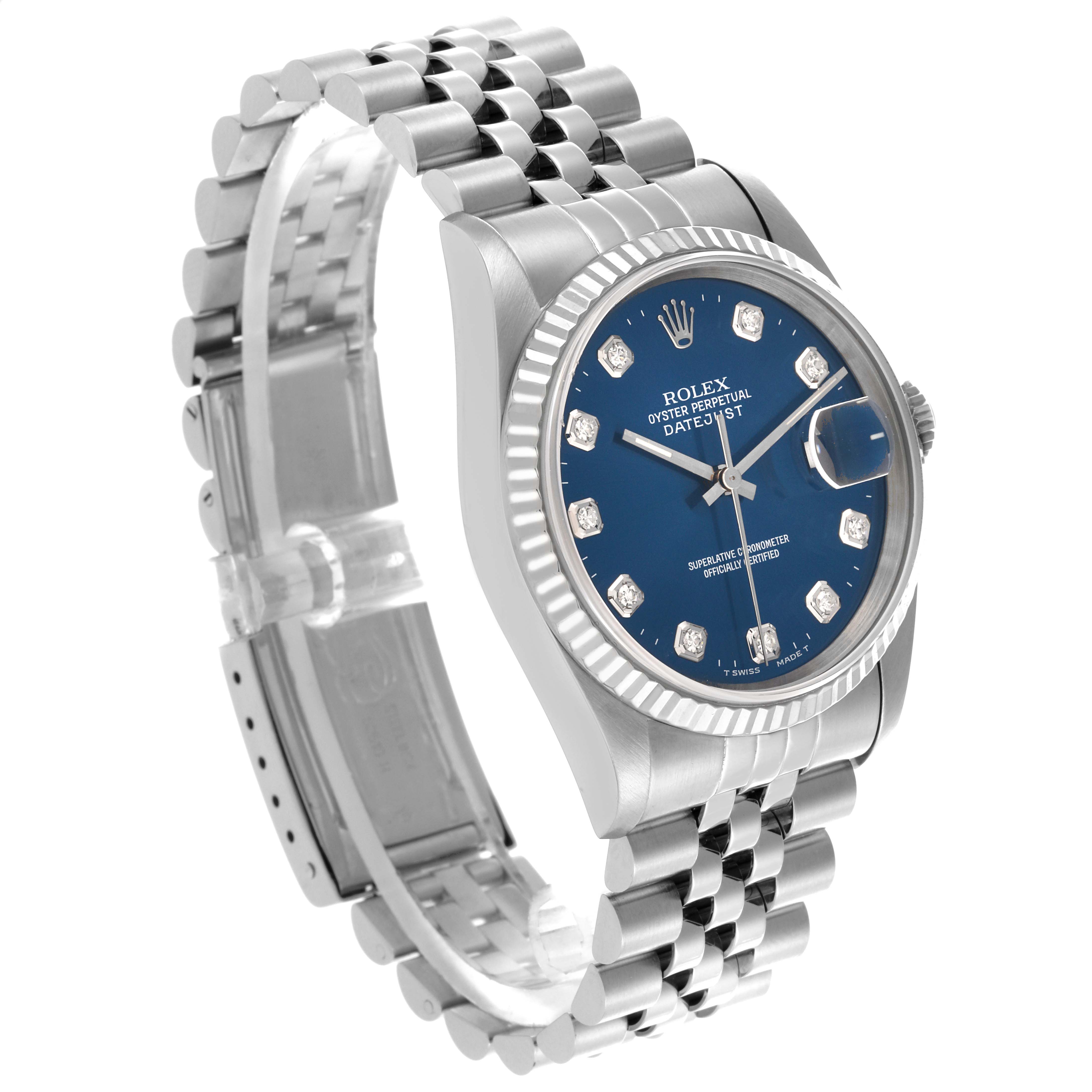 The Rolex Datejust 16234 Men's Stainless Steel Blue Dial 16234 Men's Stainless Steel Blue Dial is shown at a slight side angle, highlighting the dial, bezel, and bracelet.