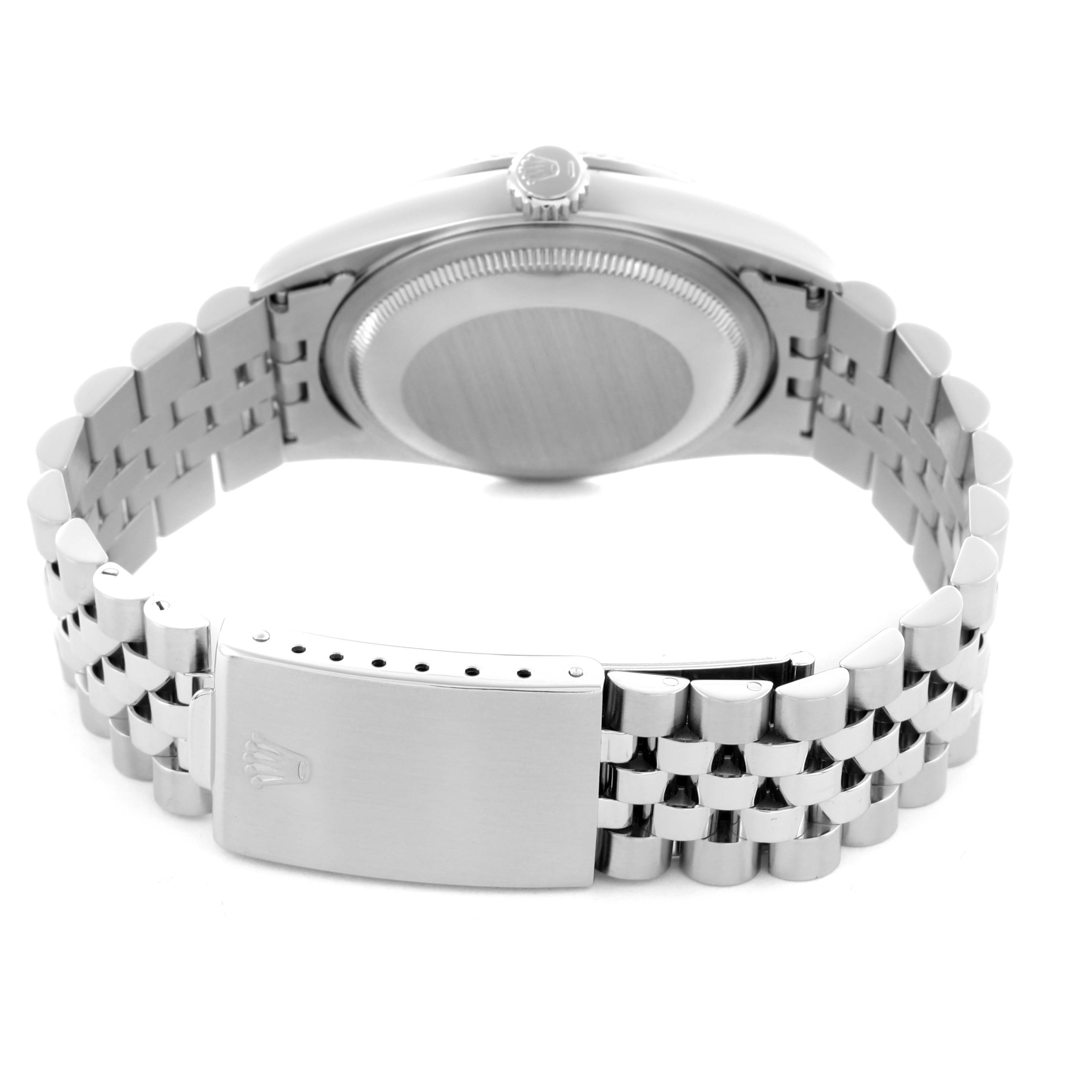 The image shows the back view of a Rolex Datejust 16234 Men's Stainless Steel Blue Dial 16234 Men's Stainless Steel Blue Dial, highlighting the case back, crown, and bracelet clasp.