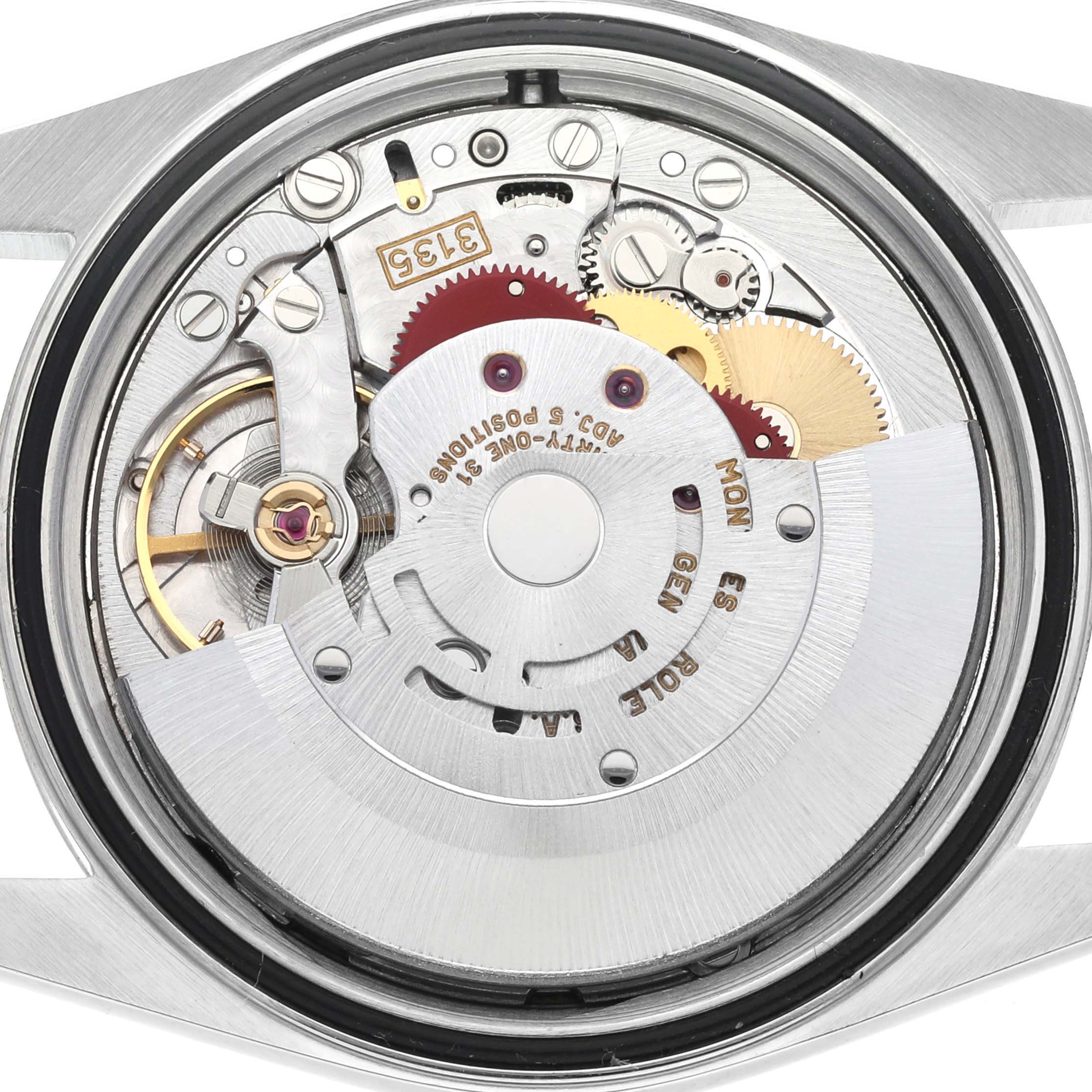The image shows the movement and internal components of a Rolex Datejust 16234 Men's Stainless Steel Blue Dial 16234 Men's Stainless Steel Blue Dial watch from a top-down angle.