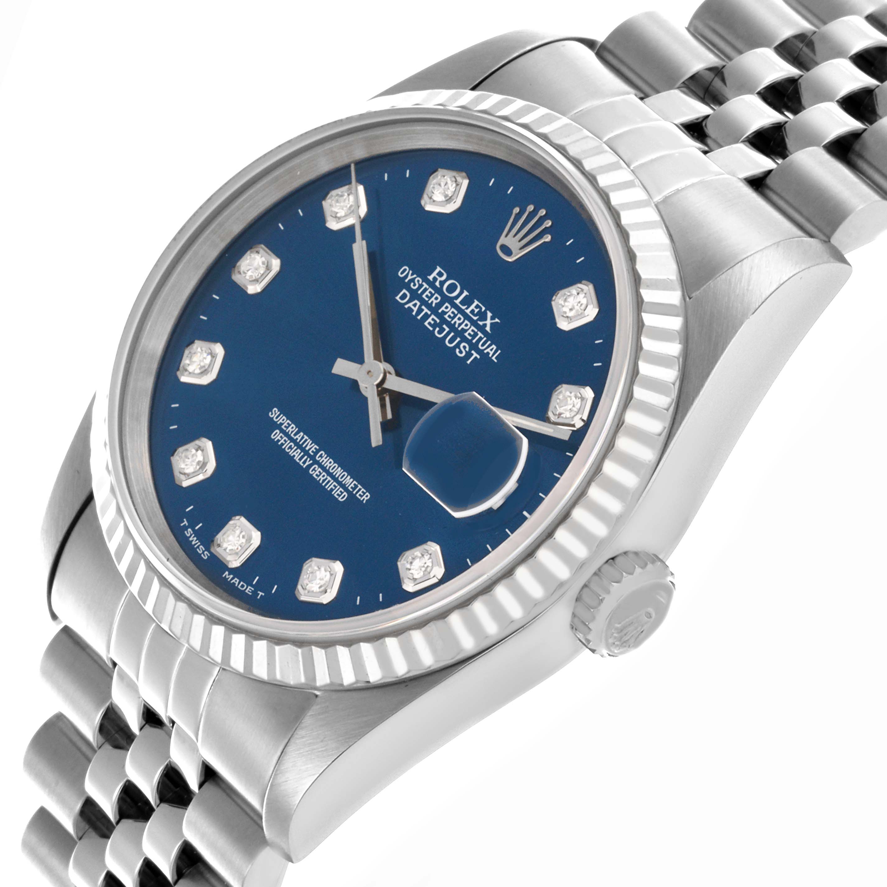 The image shows a Rolex Datejust 16234 Men's Stainless Steel Blue Dial 16234 Men's Stainless Steel Blue Dial watch at a three-quarter angle, highlighting the blue dial, diamond markers, bezel, and bracelet.