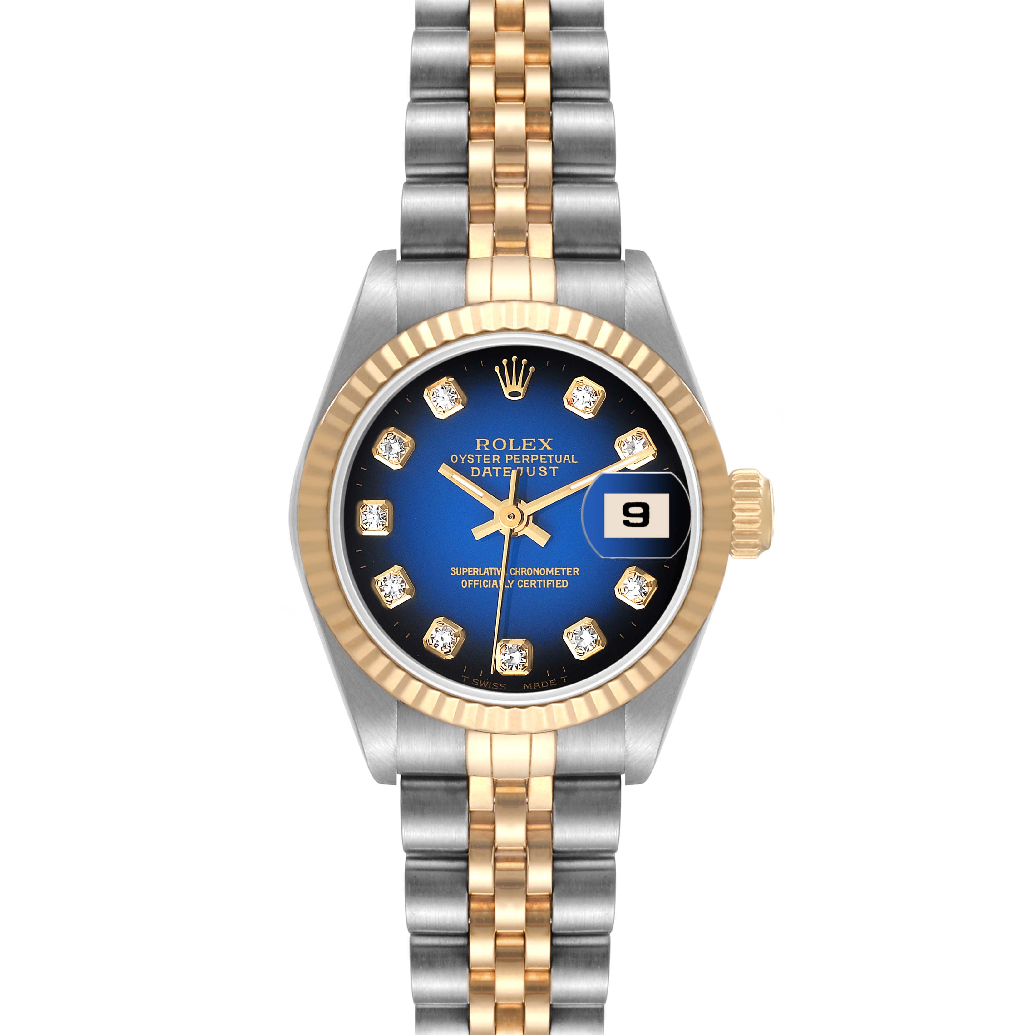 This Rolex Datejust 69173 Women's Steel and Gold (two tone) Blue Dial 69173 Women's Steel and Gold (two tone) Blue Dial watch is shown from a front angle, displaying its gold and silver bracelet, blue dial, diamond hour markers, and date window.
