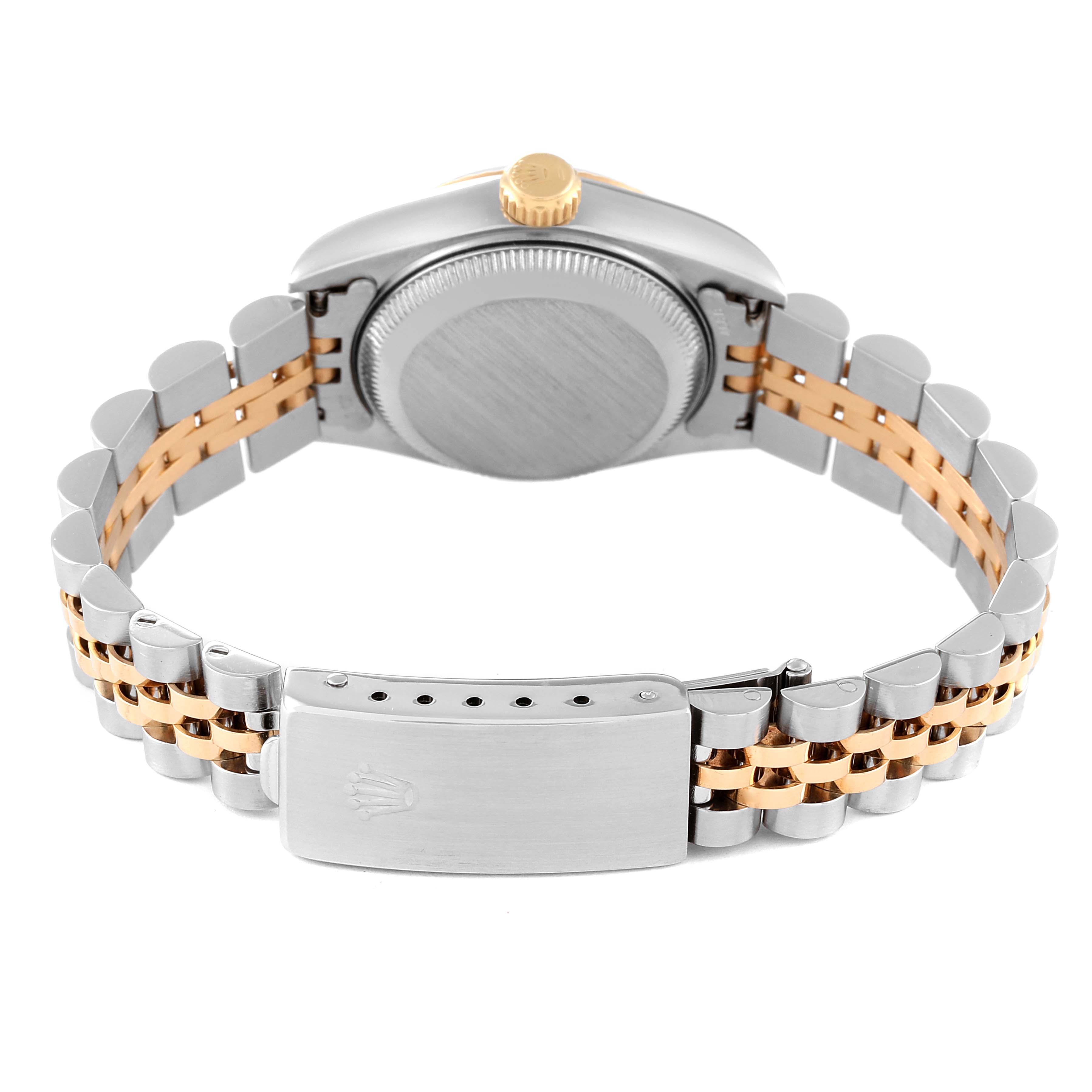 The image shows the backside and clasp of the Rolex Datejust 69173 Women's Steel and Gold (two tone) Blue Dial 69173 Women's Steel and Gold (two tone) Blue Dial watch with a two-tone bracelet in silver and gold.