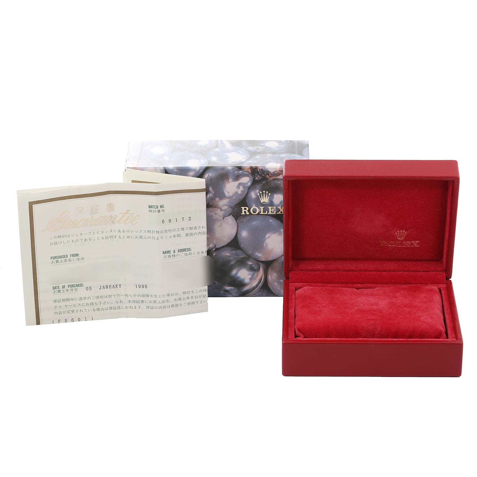 The image shows a Rolex Datejust 69173 Women's Steel and Gold (two tone) Blue Dial 69173 Women's Steel and Gold (two tone) Blue Dial watch box, an outer box with a pearl-like design, and papers, including a certificate.