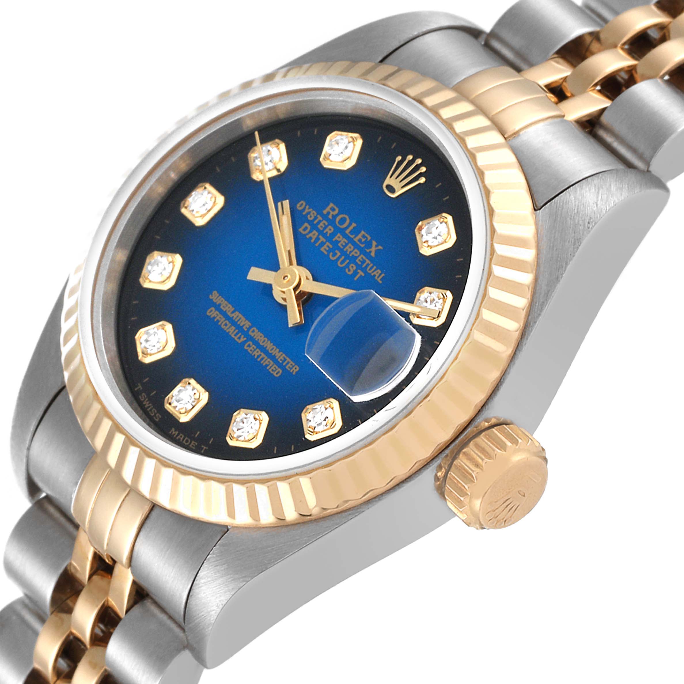 This image shows a close-up angled view of the Rolex Datejust 69173 Women's Steel and Gold (two tone) Blue Dial 69173 Women's Steel and Gold (two tone) Blue Dial watch, highlighting the dial, bezel, crown, and part of the bracelet.