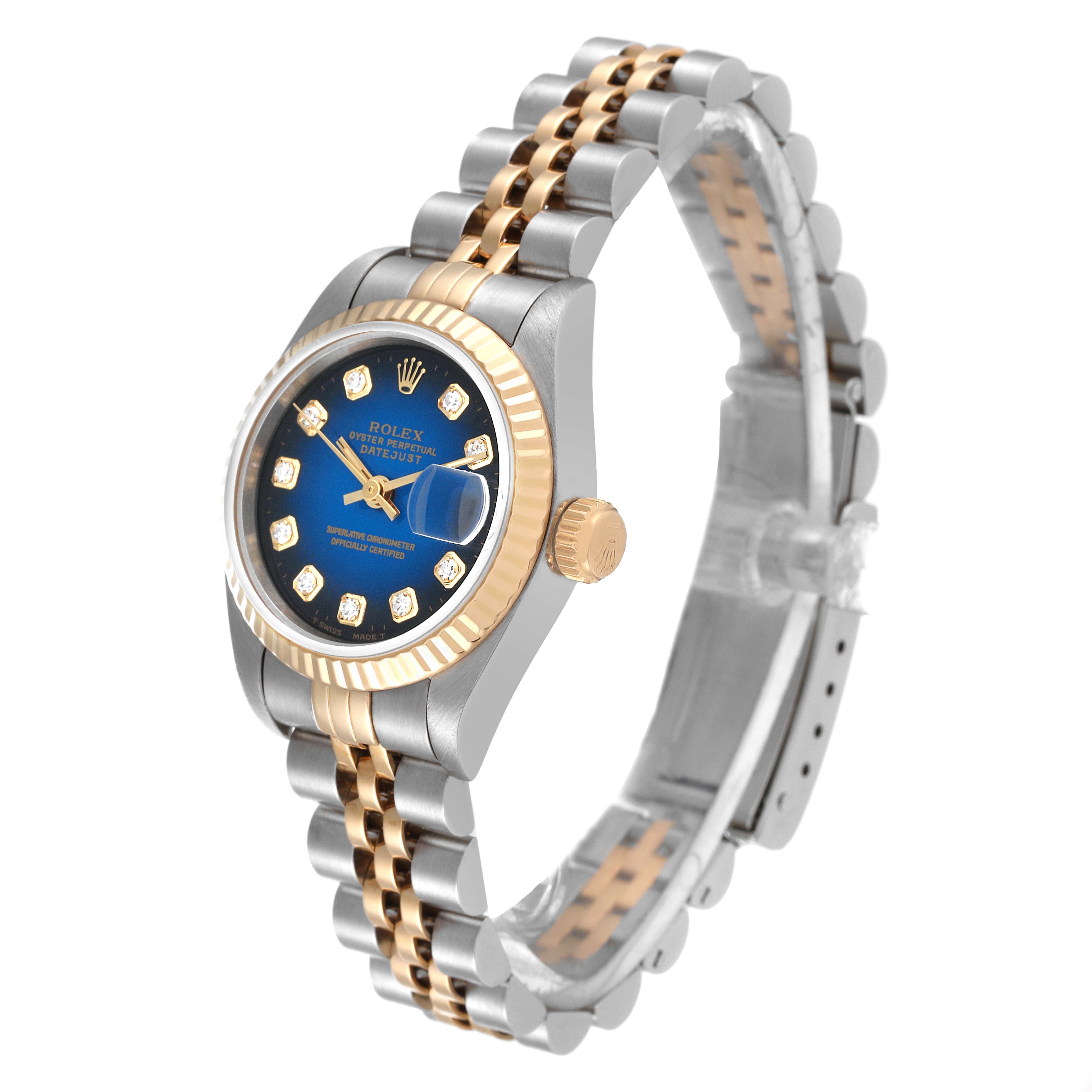 The image shows a side and front angle of a Rolex Datejust 69173 Women's Steel and Gold (two tone) Blue Dial 69173 Women's Steel and Gold (two tone) Blue Dial watch, highlighting its bezel, dial, and two-tone bracelet.