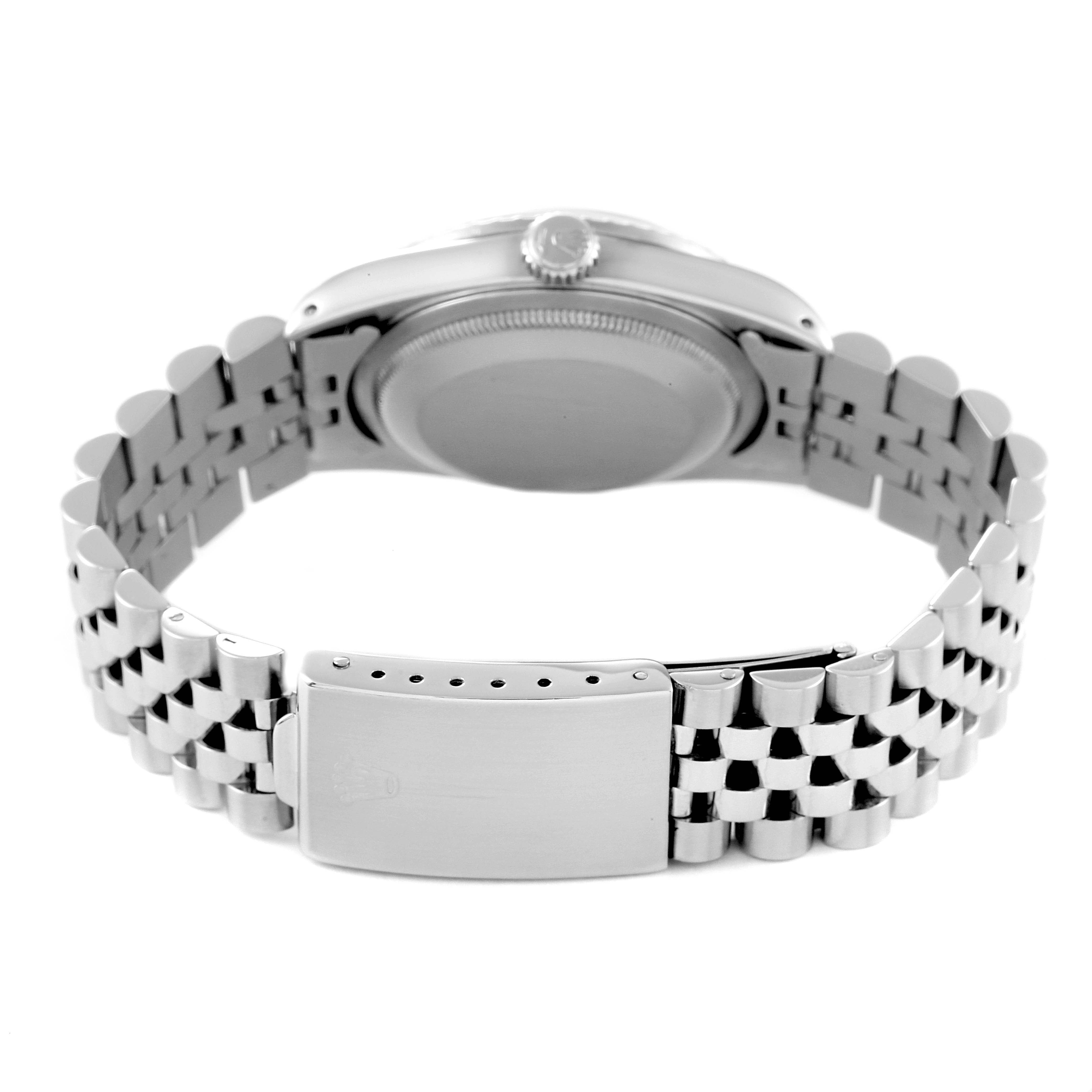 The image shows the back of a Rolex Datejust 16220 Men's Stainless Steel Silver Dial 16220 Men's Stainless Steel Silver Dial watch, highlighting the clasp and bracelet links.