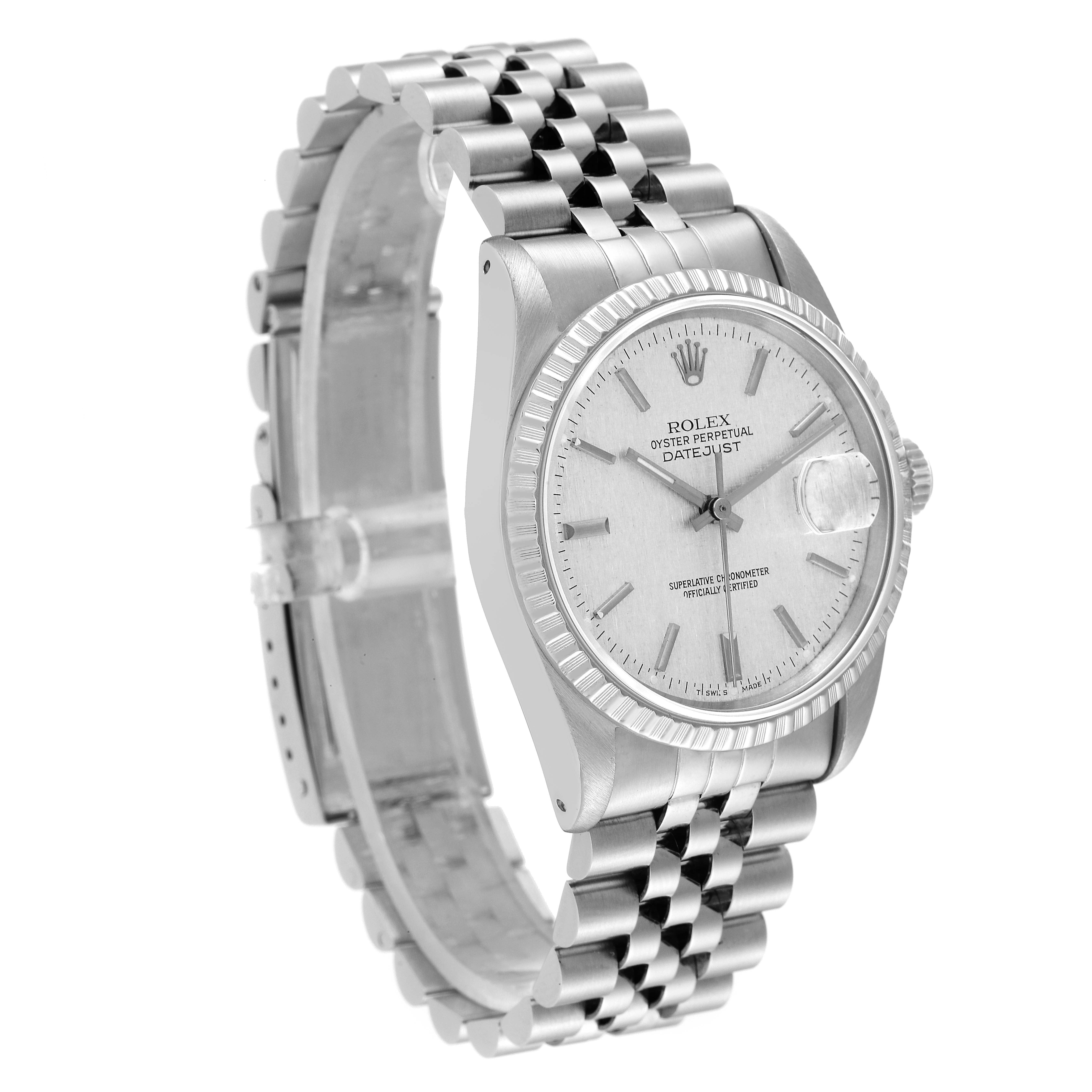 The image shows a side angle of the Rolex Datejust 16220 Men's Stainless Steel Silver Dial 16220 Men's Stainless Steel Silver Dial watch, highlighting the face, bezel, crown, and bracelet.