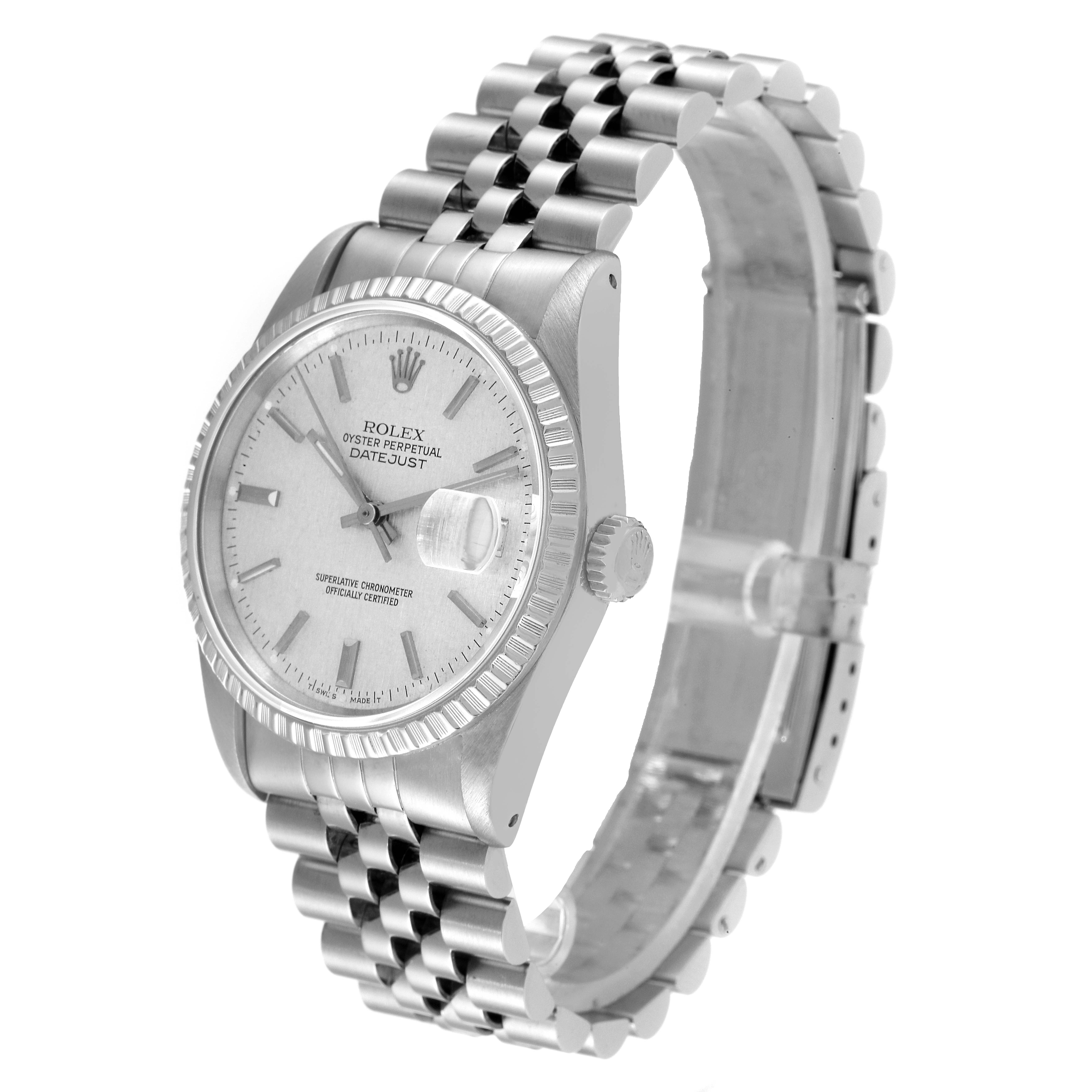 The image shows a side-angle view of a Rolex Datejust 16220 Men's Stainless Steel Silver Dial 16220 Men's Stainless Steel Silver Dial watch displaying its face, bezel, crown, and bracelet.
