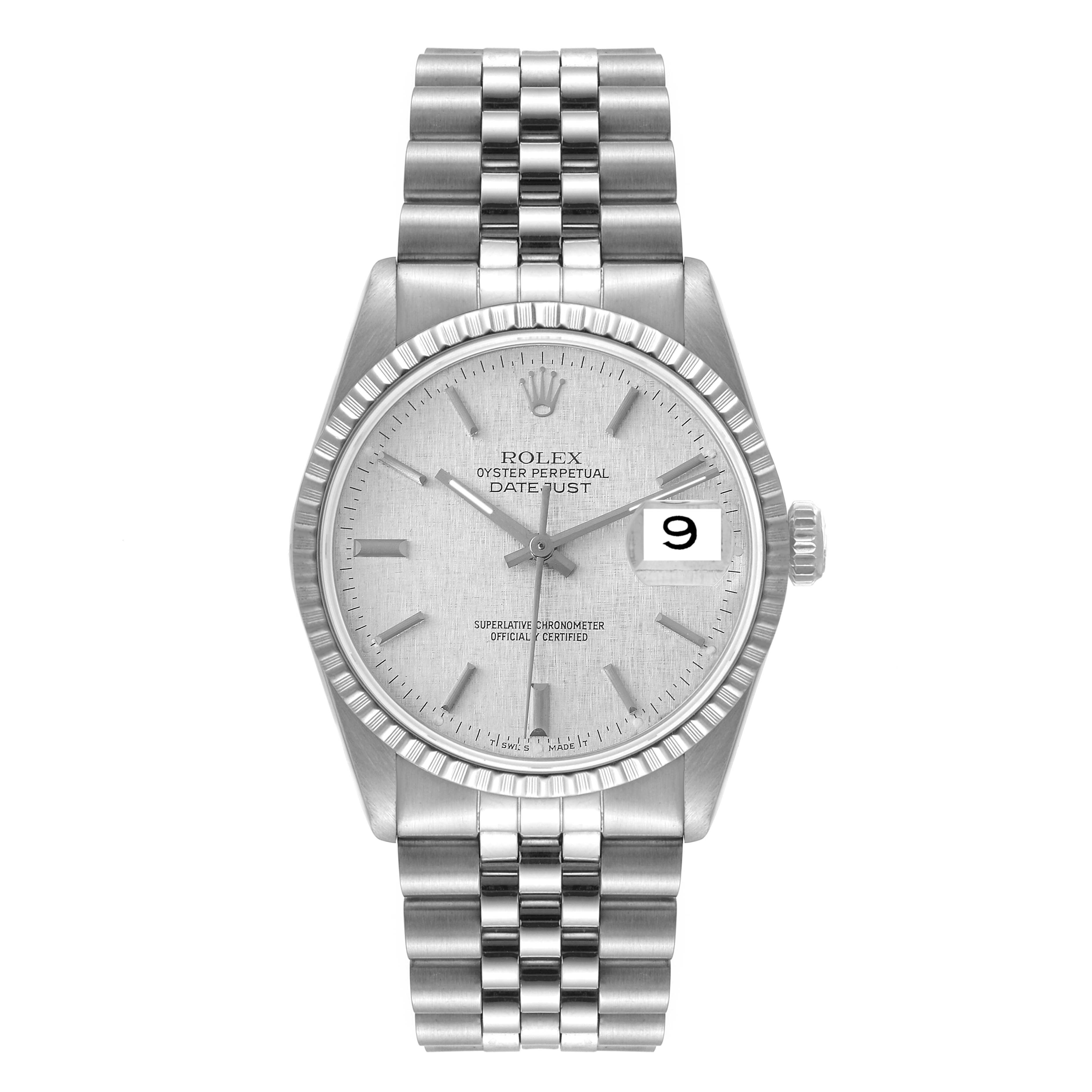 This Rolex Datejust 16220 Men's Stainless Steel Silver Dial 16220 Men's Stainless Steel Silver Dial watch is shown from the front, displaying its face, bracelet, and date window.