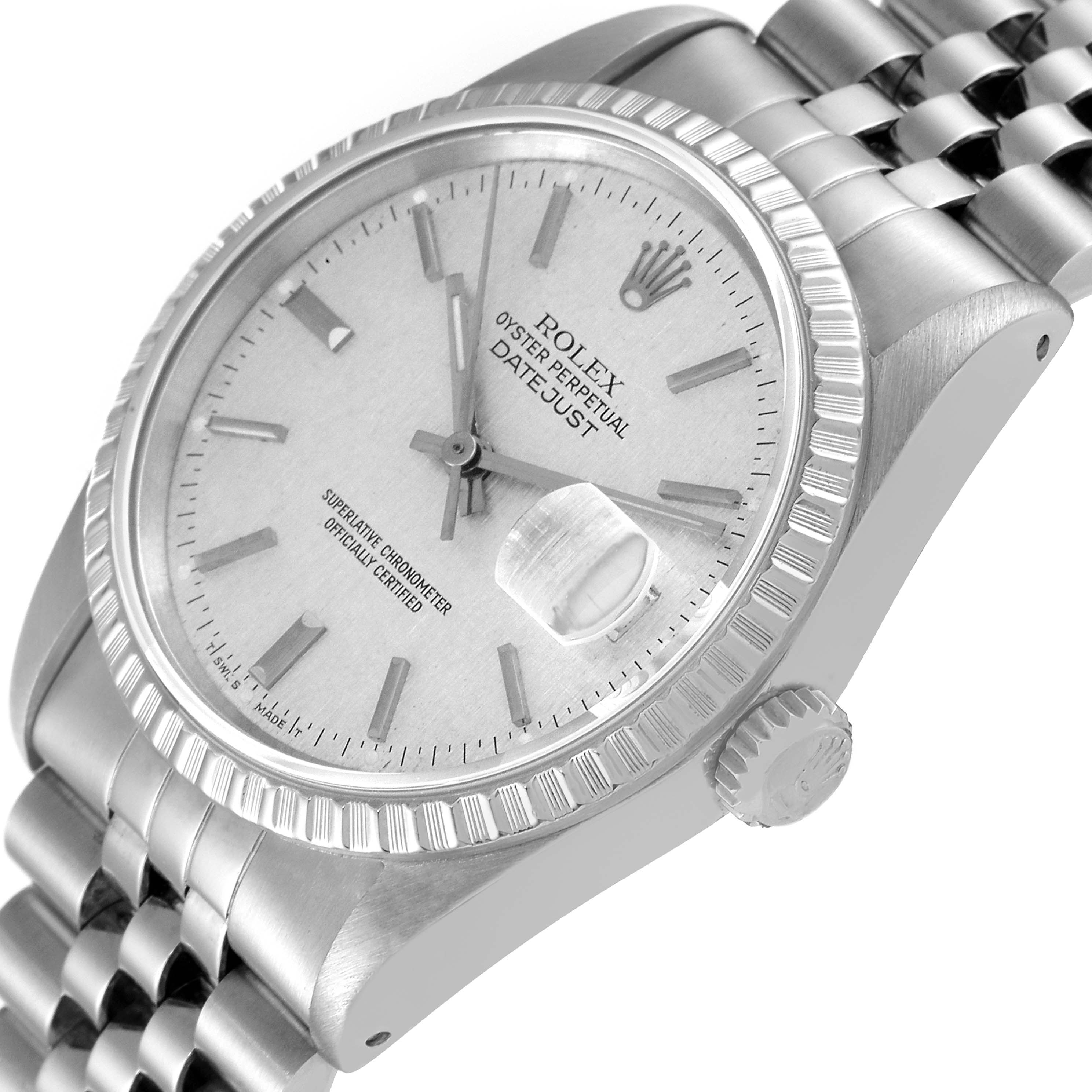 The image shows a Rolex Datejust 16220 Men's Stainless Steel Silver Dial 16220 Men's Stainless Steel Silver Dial watch at an angled close-up, highlighting the dial, case, bezel, crown, and part of the bracelet.