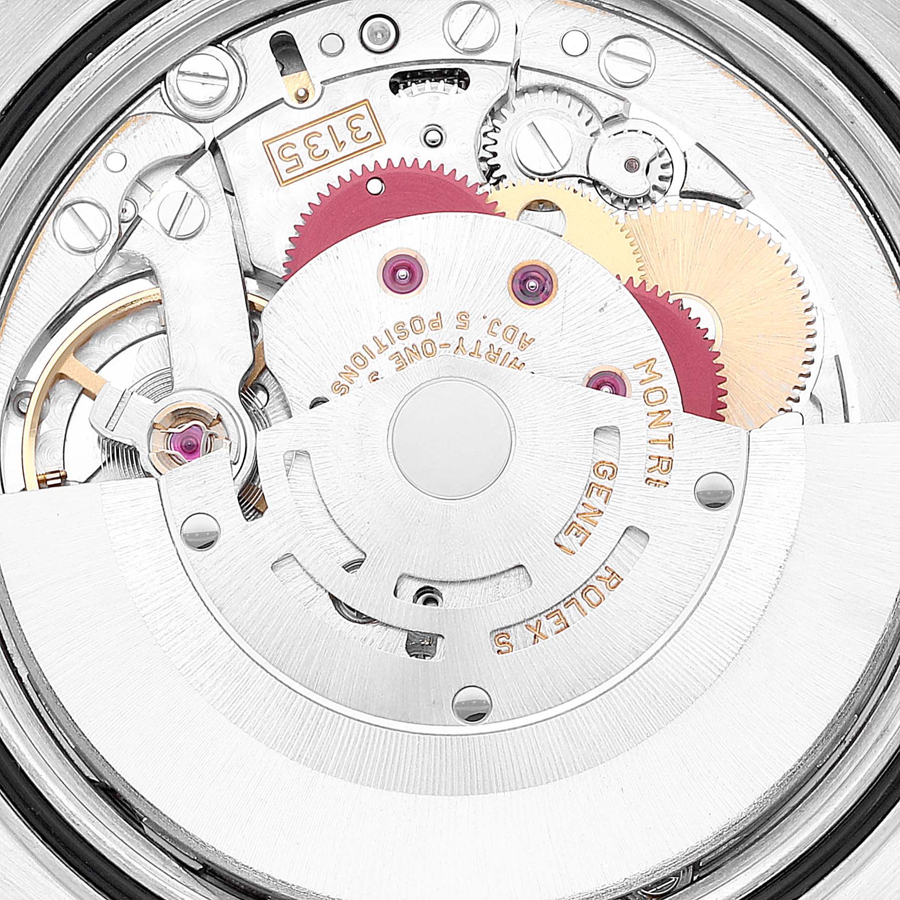 This image shows the inner mechanical movement of a Rolex Datejust 16220 Men's Stainless Steel Silver Dial 16220 Men's Stainless Steel Silver Dial watch, highlighting gears and components.