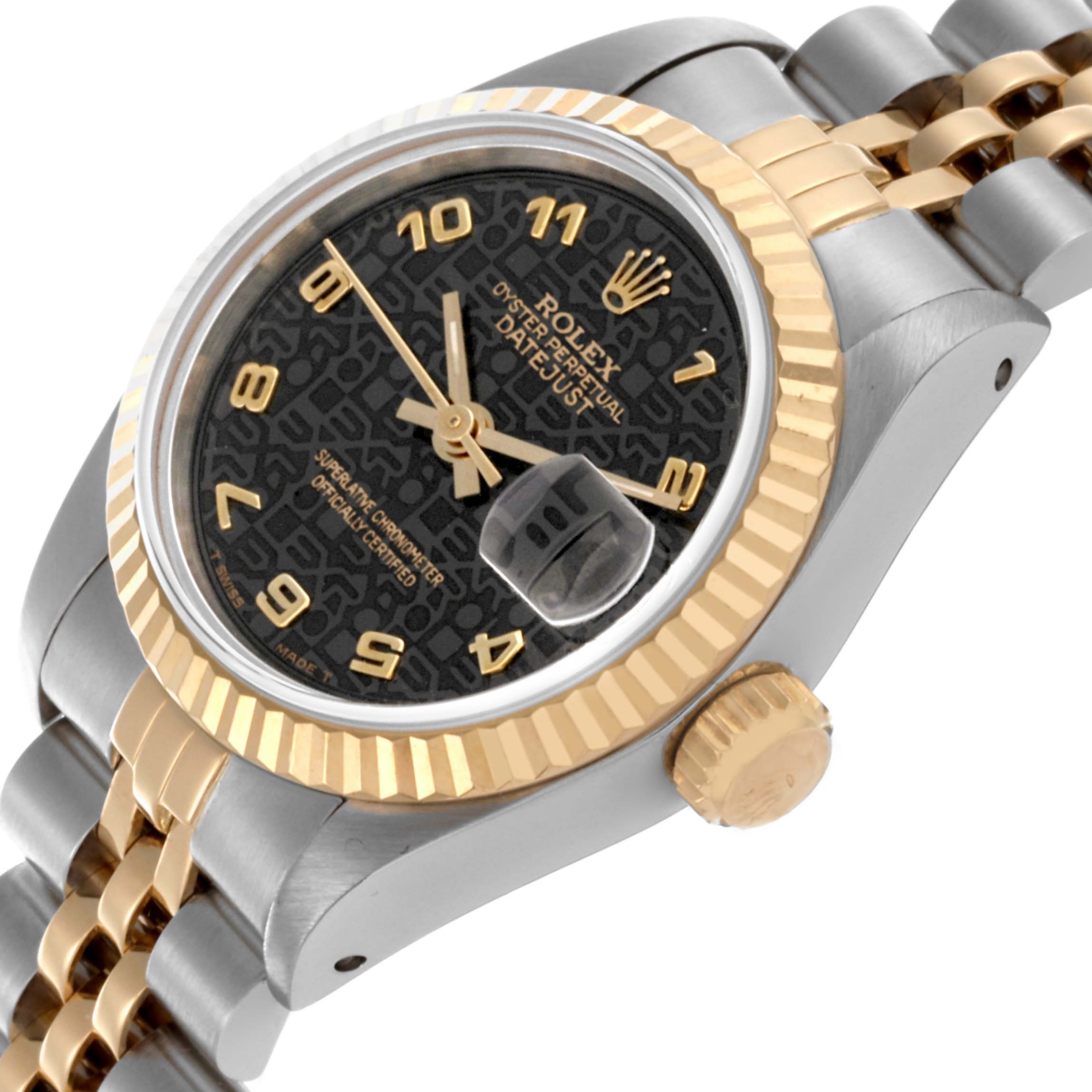 The image shows a Rolex Datejust 69173 Women's Steel and Gold (two tone) Black Dial 69173 Women's Steel and Gold (two tone) Black Dial watch from a side-top angle, highlighting its bezel, crown, and part of the bracelet.