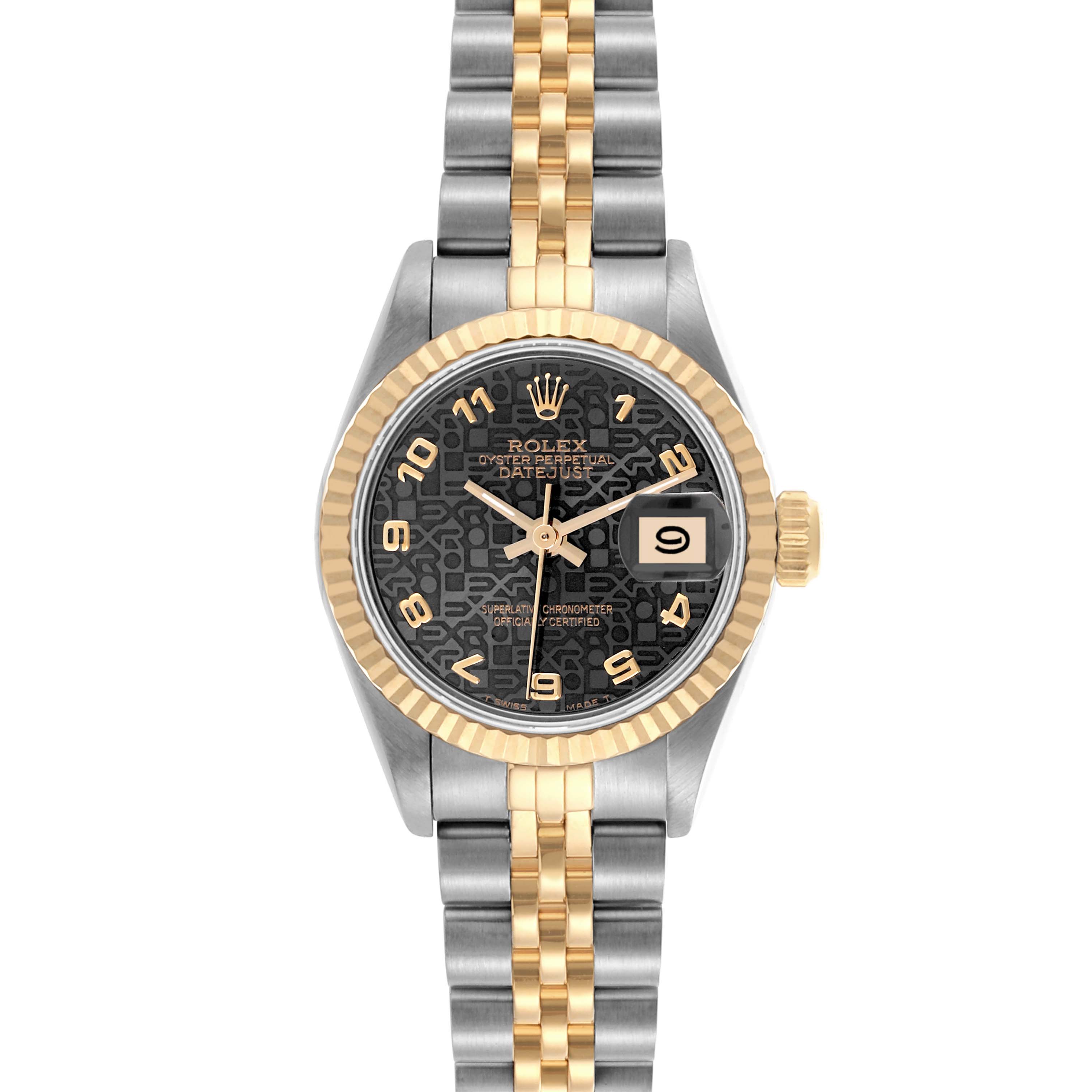 The Rolex Datejust 69173 Women's Steel and Gold (two tone) Black Dial 69173 Women's Steel and Gold (two tone) Black Dial watch is shown from a top view, displaying the dial, bezel, and two-tone bracelet clearly.