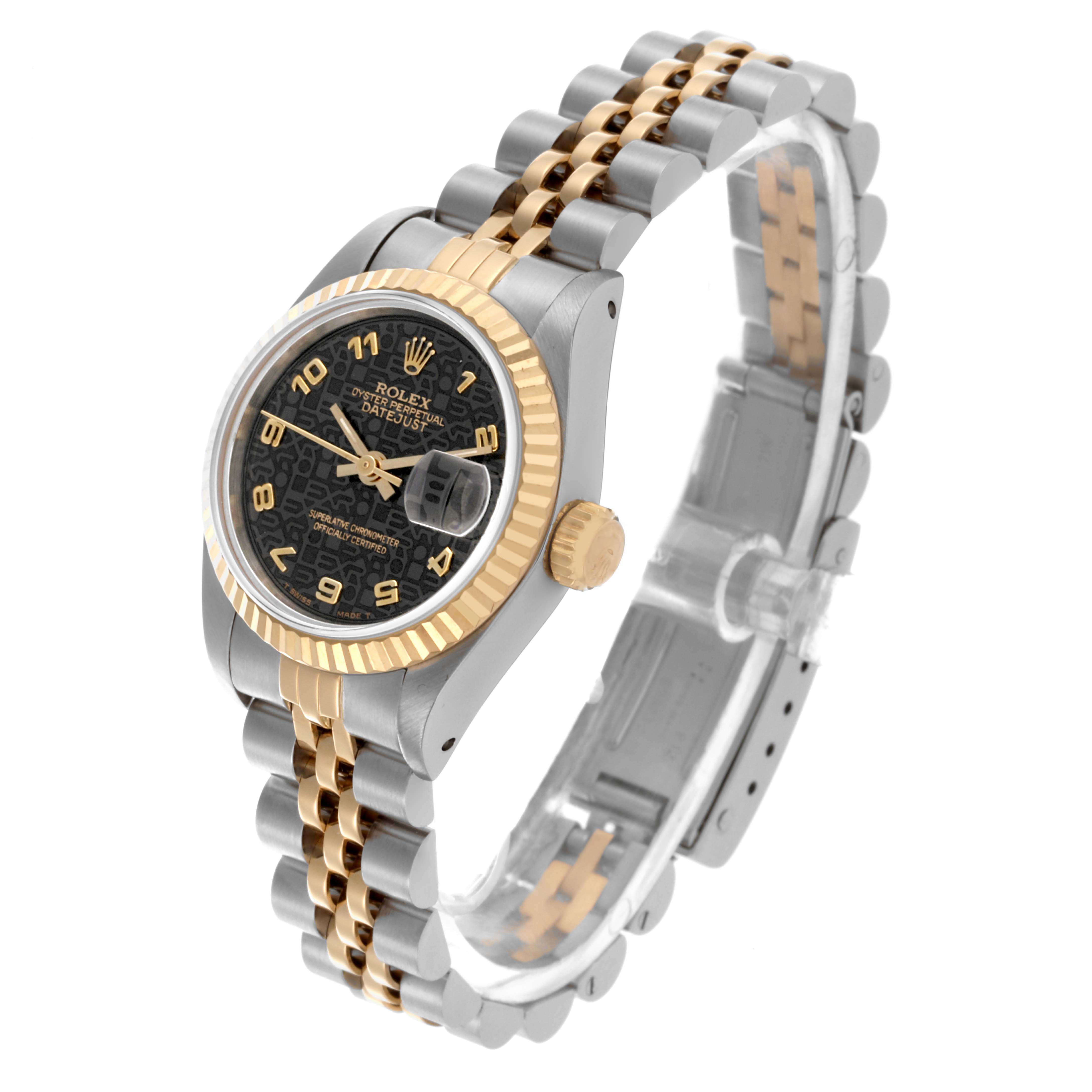 The Rolex Datejust 69173 Women's Steel and Gold (two tone) Black Dial 69173 Women's Steel and Gold (two tone) Black Dial watch is shown at an angled top view, highlighting the dial and two-tone bracelet.