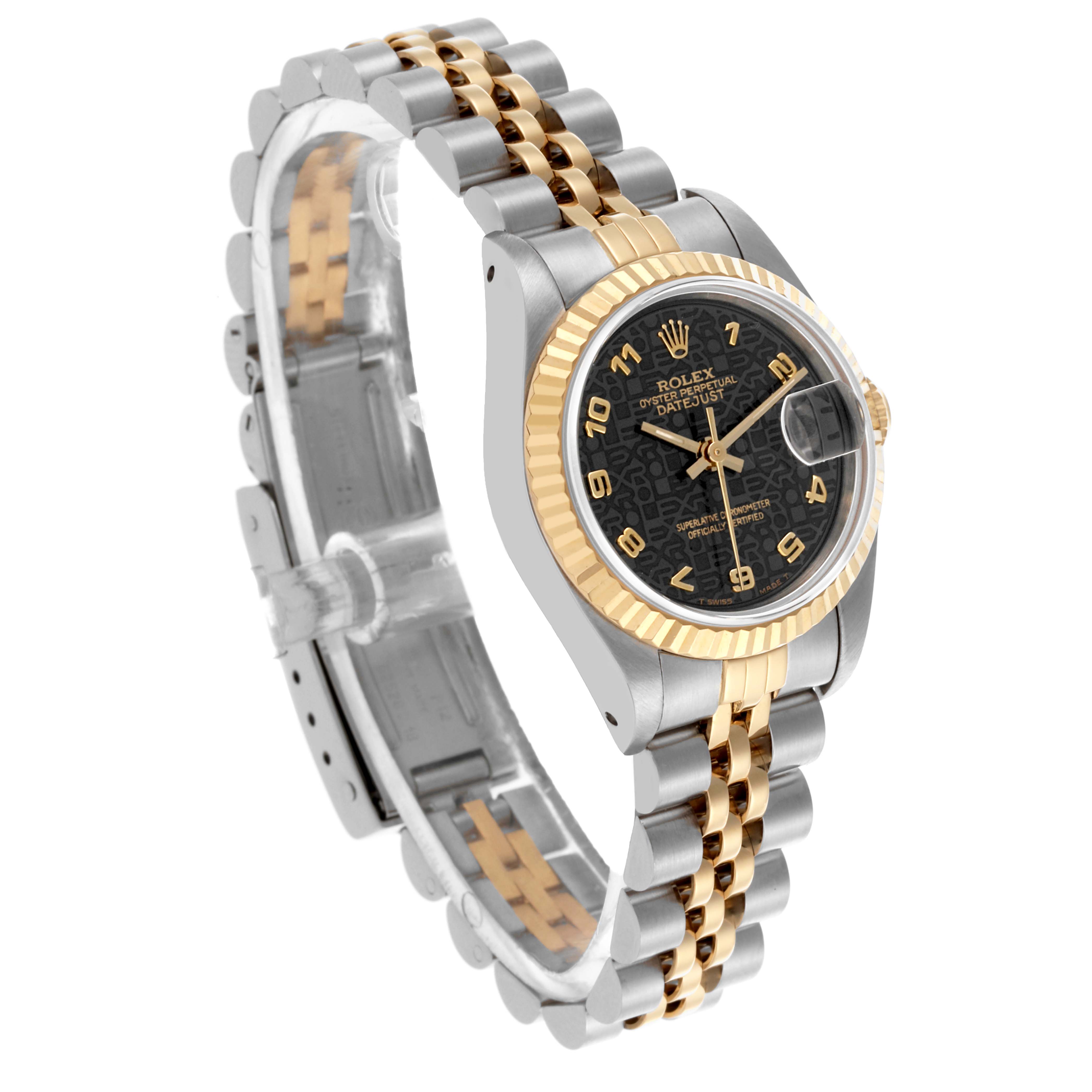 The Rolex Datejust 69173 Women's Steel and Gold (two tone) Black Dial 69173 Women's Steel and Gold (two tone) Black Dial watch is shown at a three-quarter angle highlighting the face, bezel, and two-tone bracelet.