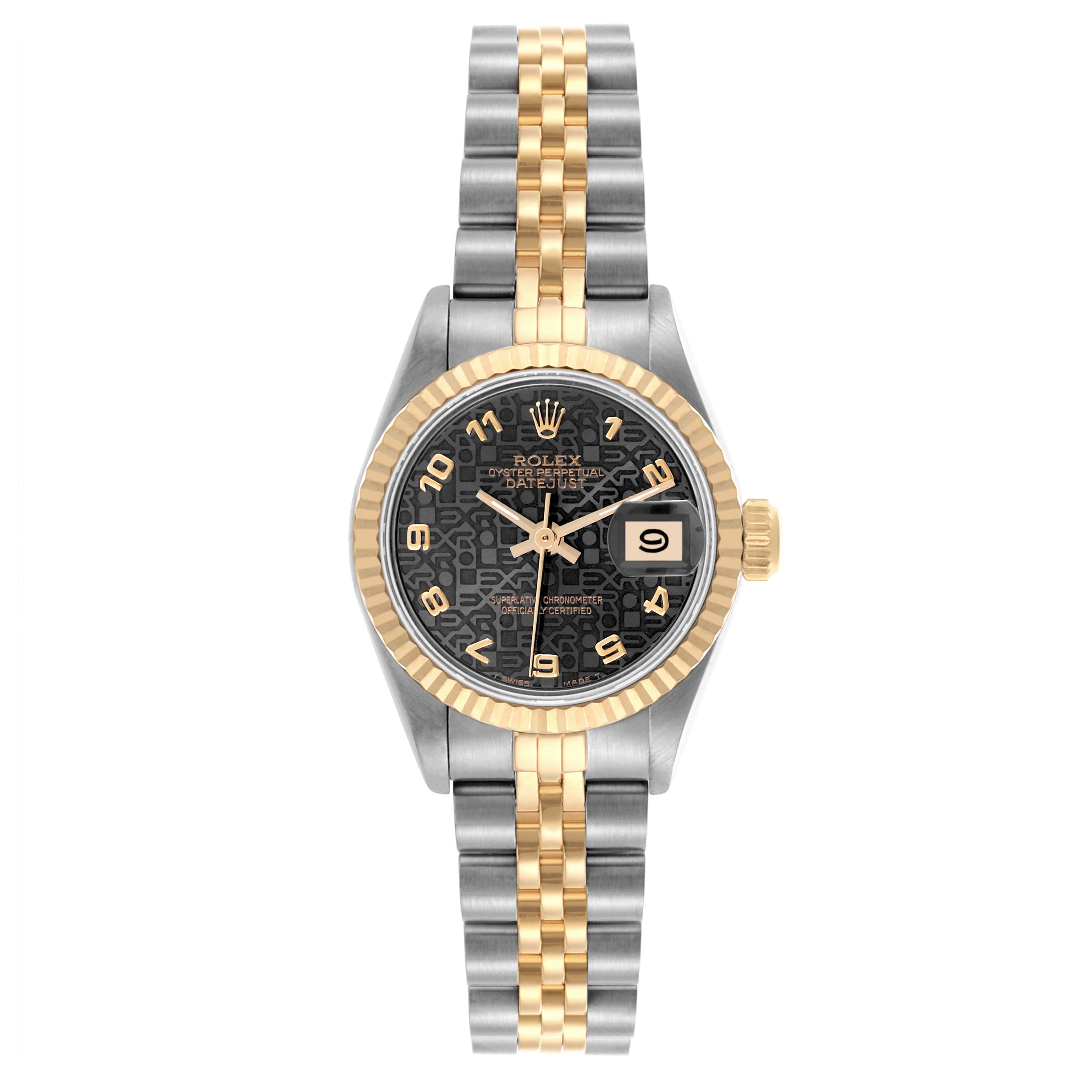 The Rolex Datejust 69173 Women's Steel and Gold (two tone) Black Dial 69173 Women's Steel and Gold (two tone) Black Dial watch is shown from a top-down angle, displaying its dial, bezel, and two-tone bracelet.