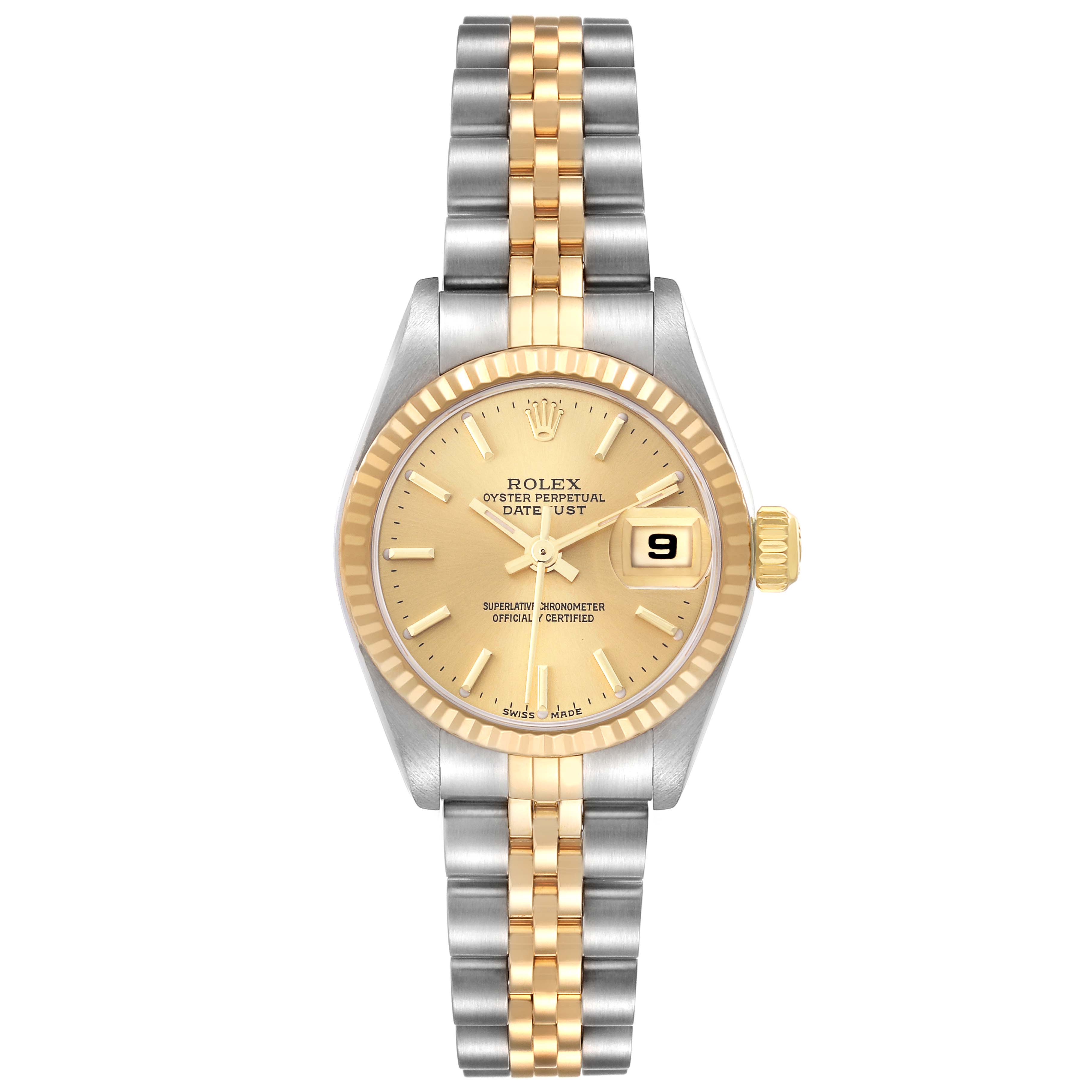 The image shows a Rolex Datejust 79173 Women's Steel and Gold (two tone) Champagne Dial 79173 Women's Steel and Gold (two tone) Champagne Dial watch from a top-down angle, highlighting the dial, bezel, and two-tone bracelet.