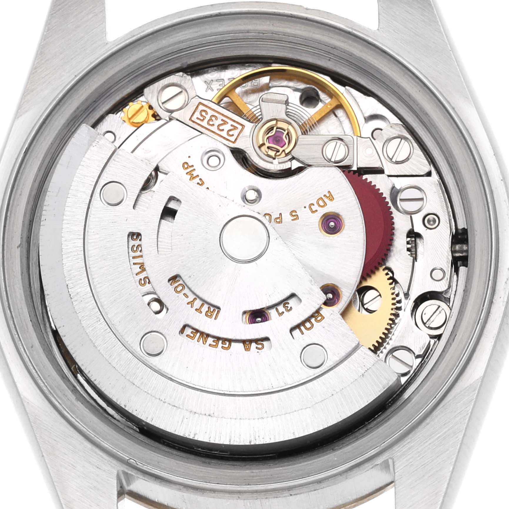 The image shows a close-up view of the Rolex Datejust 79173 Women's Steel and Gold (two tone) Champagne Dial 79173 Women's Steel and Gold (two tone) Champagne Dial watch's mechanical movement from the back.