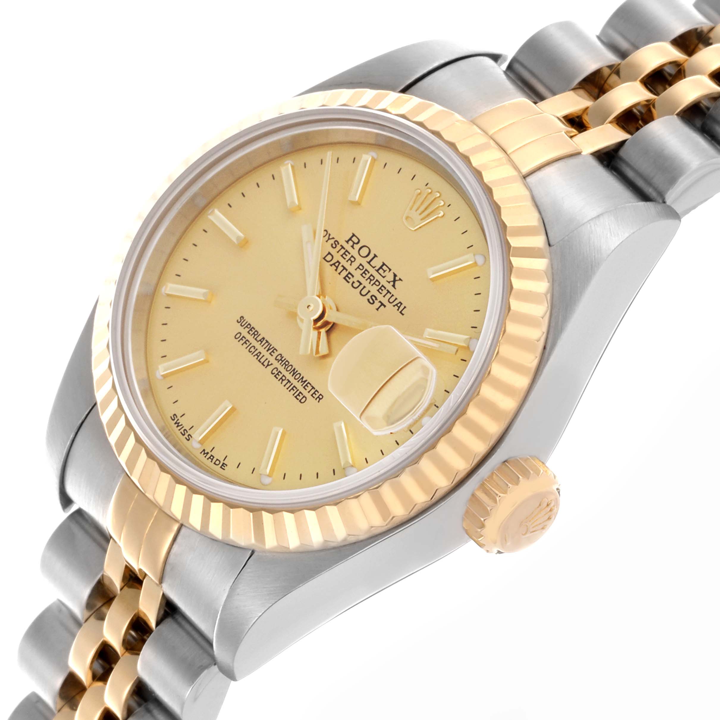 The Rolex Datejust 79173 Women's Steel and Gold (two tone) Champagne Dial 79173 Women's Steel and Gold (two tone) Champagne Dial is shown at a slight angle, highlighting its case, dial, fluted bezel, crown, and two-tone Jubilee bracelet.