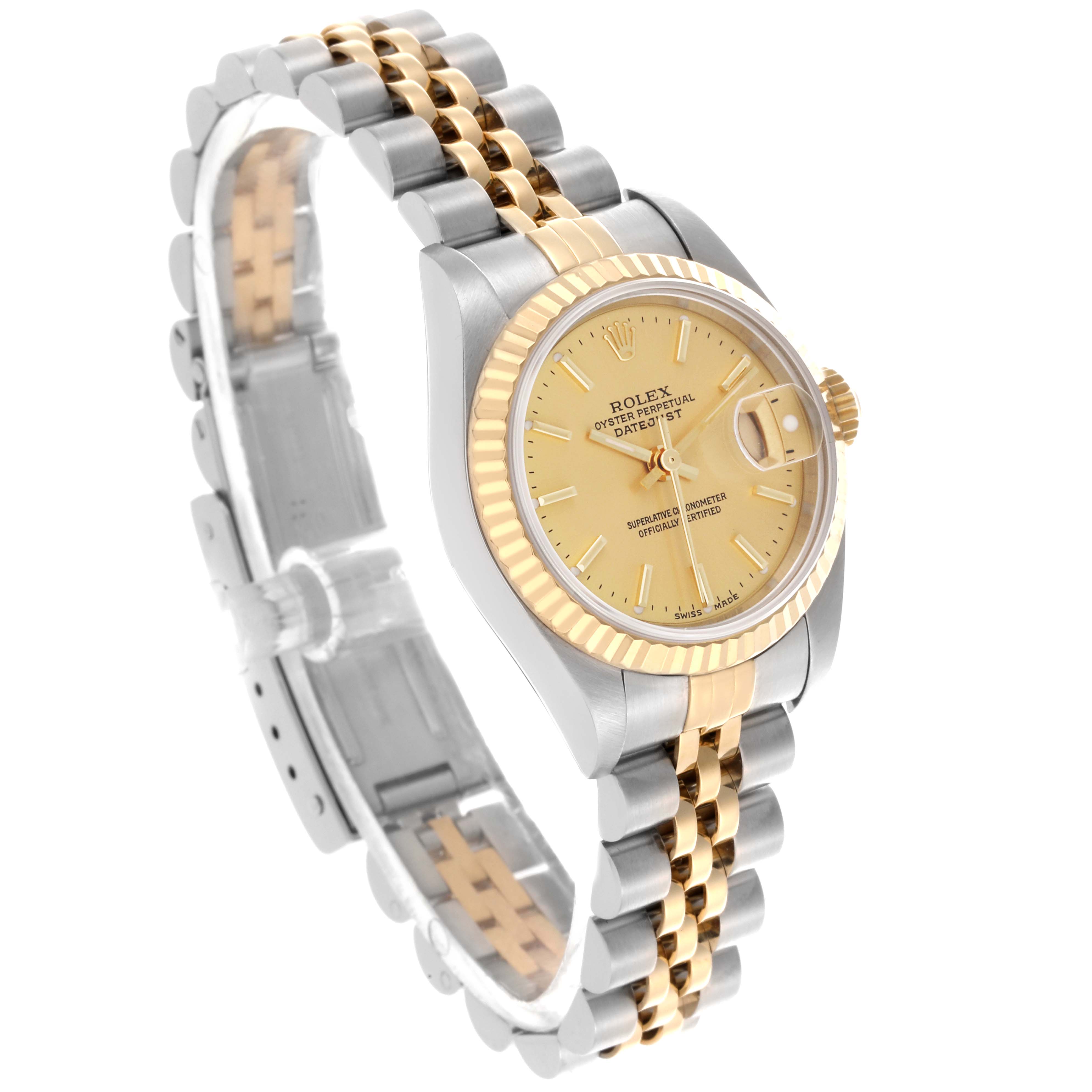 The Rolex Datejust 79173 Women's Steel and Gold (two tone) Champagne Dial 79173 Women's Steel and Gold (two tone) Champagne Dial is angled to display the face, fluted bezel, crown, and two-tone Jubilee bracelet.