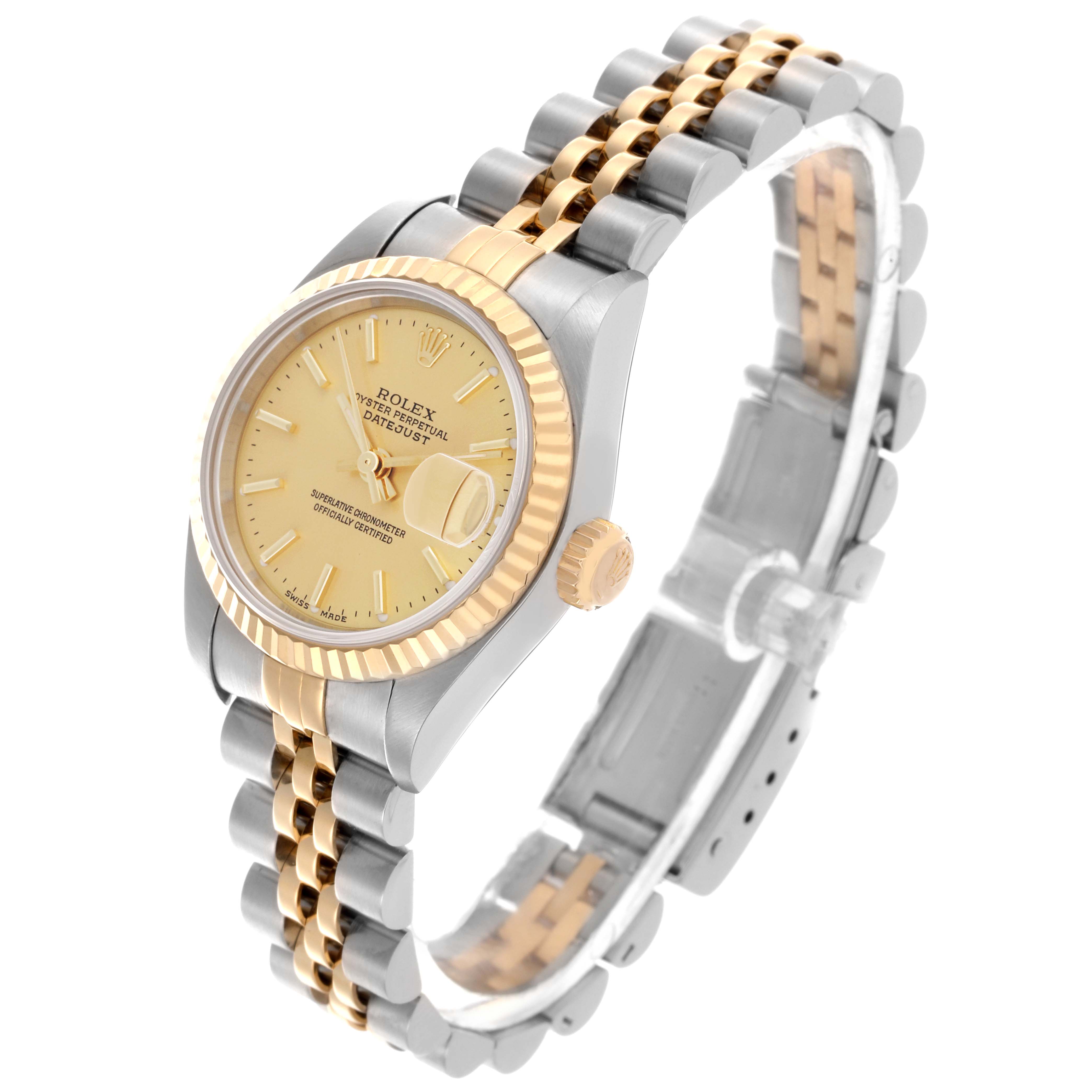 The Rolex Datejust 79173 Women's Steel and Gold (two tone) Champagne Dial 79173 Women's Steel and Gold (two tone) Champagne Dial watch is shown at a three-quarter angle, highlighting the dial, bezel, jubilee bracelet, and crown.