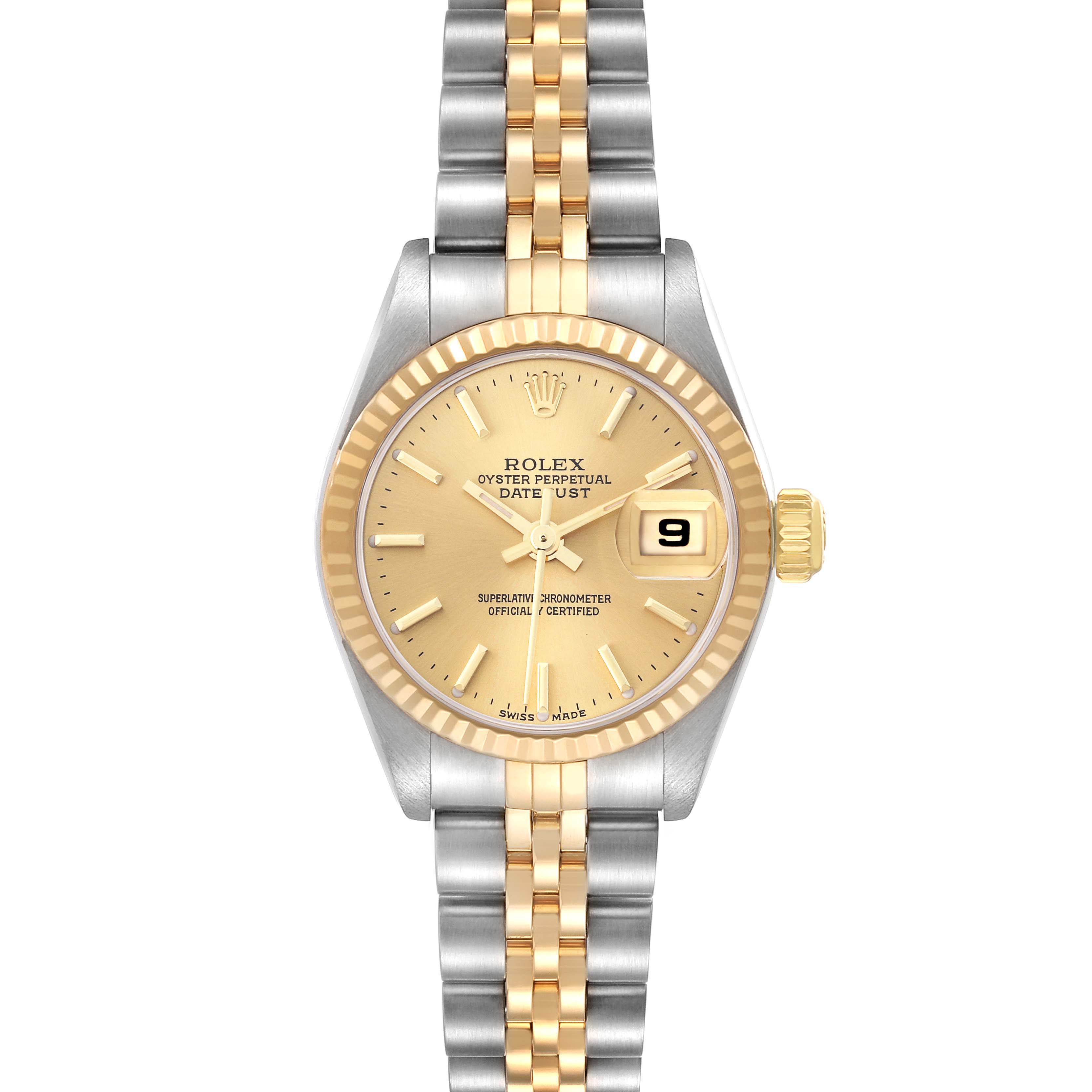 The watch is a Rolex Datejust 79173 Women's Steel and Gold (two tone) Champagne Dial 79173 Women's Steel and Gold (two tone) Champagne Dial, shown from a top-down angle, highlighting the face, bezel, and bracelet.