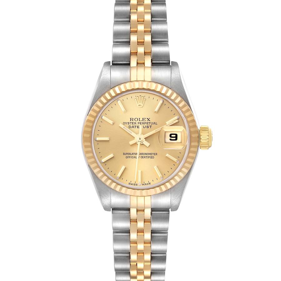 The watch is a Rolex Datejust, shown from a top-down angle, highlighting the face, bezel, and bracelet.