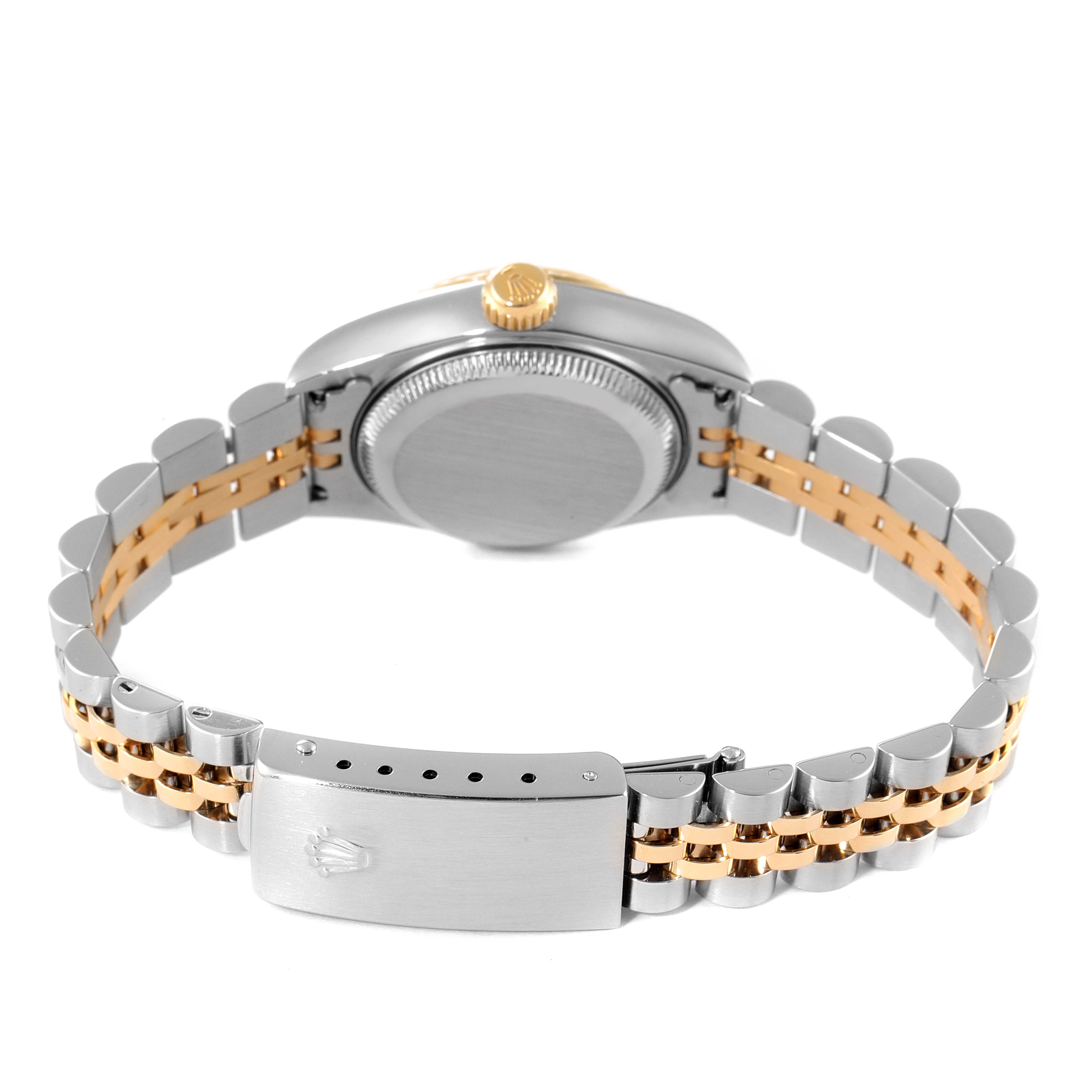 The image shows the back and bracelet of a Rolex Datejust 79173 Women's Steel and Gold (two tone) Champagne Dial 79173 Women's Steel and Gold (two tone) Champagne Dial watch, focusing on the clasp and case back.