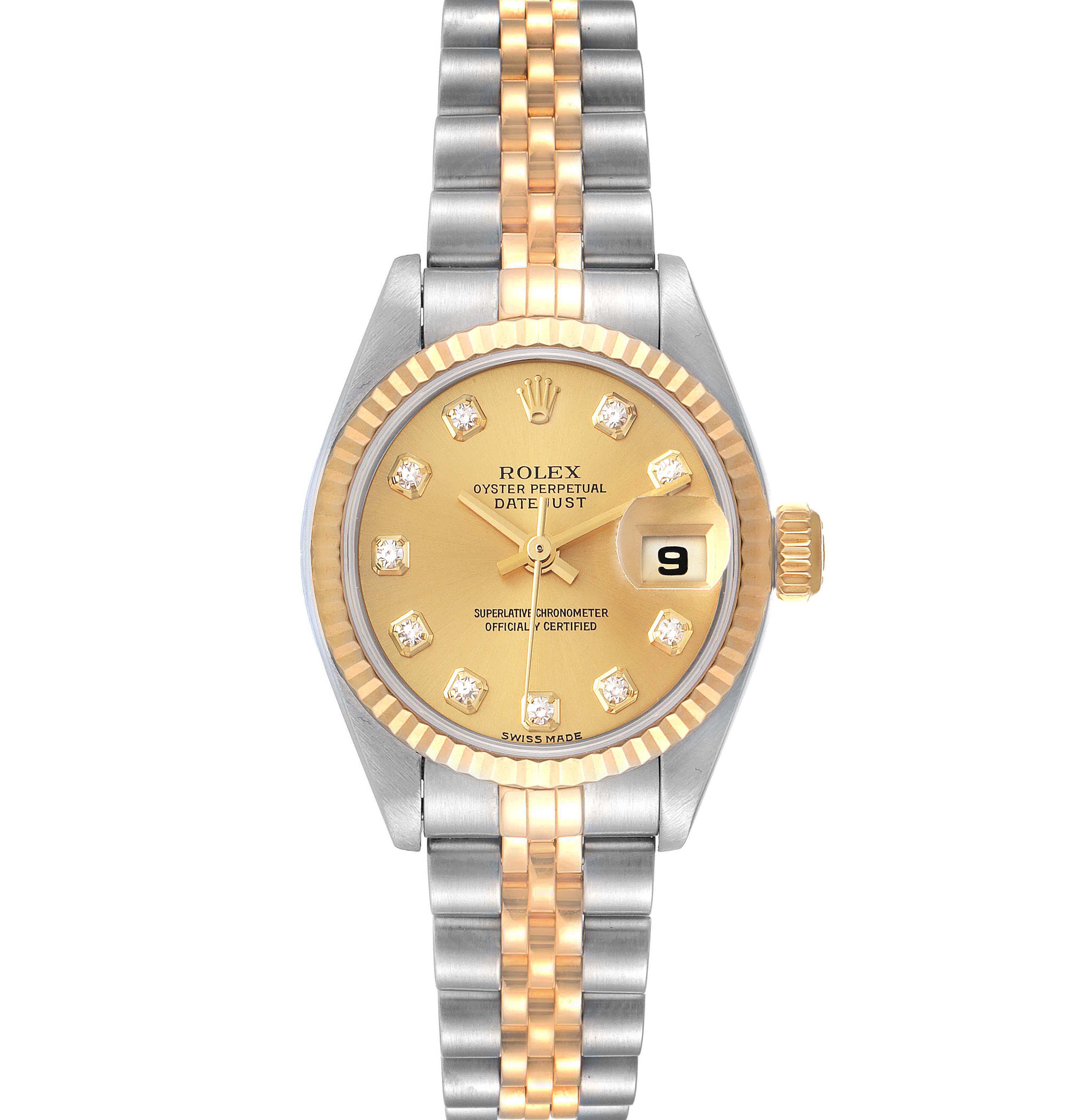 This is a top-down view of a Rolex Datejust 79173 Women's Steel and Gold (two tone) Champagne Dial 79173 Women's Steel and Gold (two tone) Champagne Dial watch, showing the dial, bezel, crown, and bracelet.