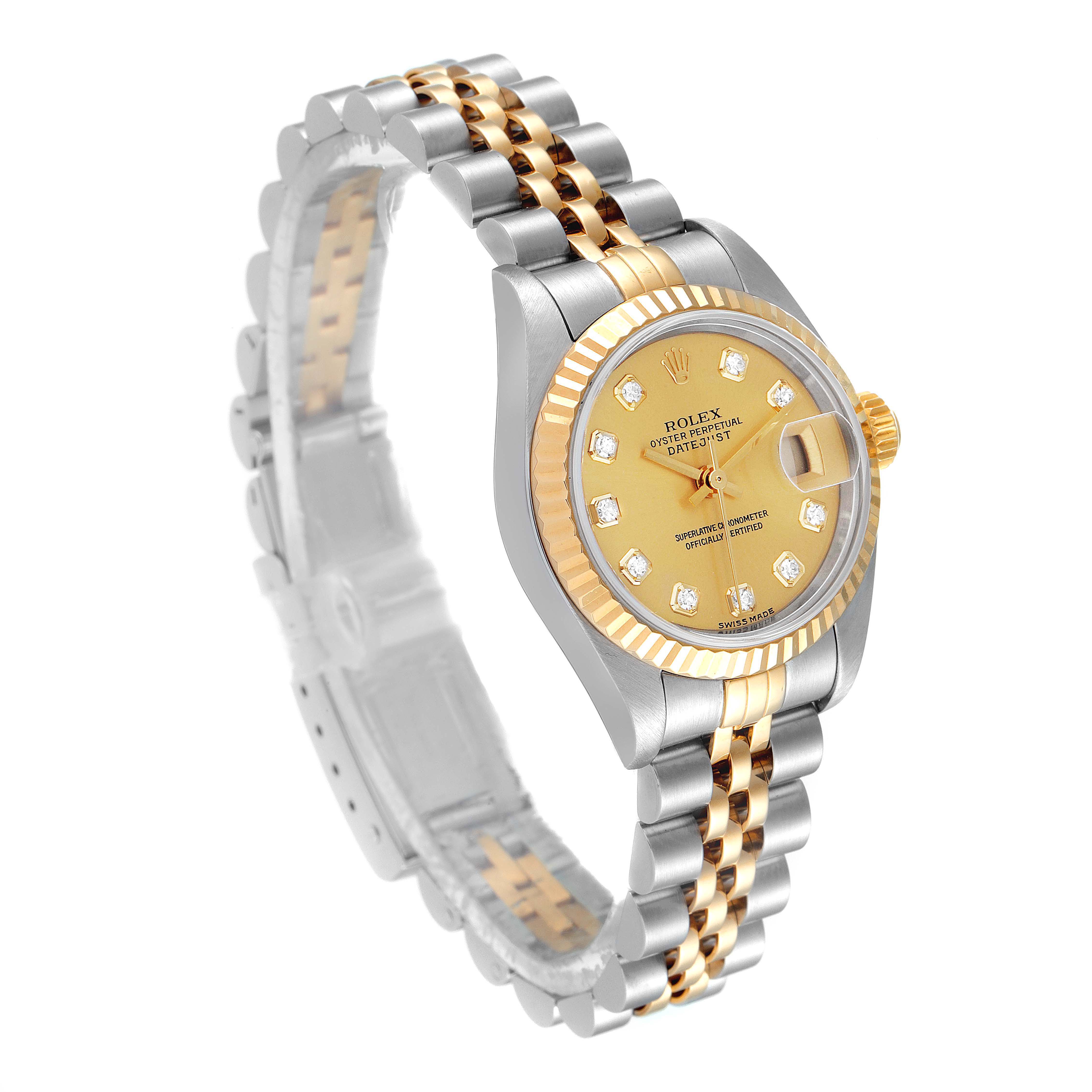 The image shows a Rolex Datejust 79173 Women's Steel and Gold (two tone) Champagne Dial 79173 Women's Steel and Gold (two tone) Champagne Dial watch at a slight angle, highlighting the bracelet, bezel, and dial.