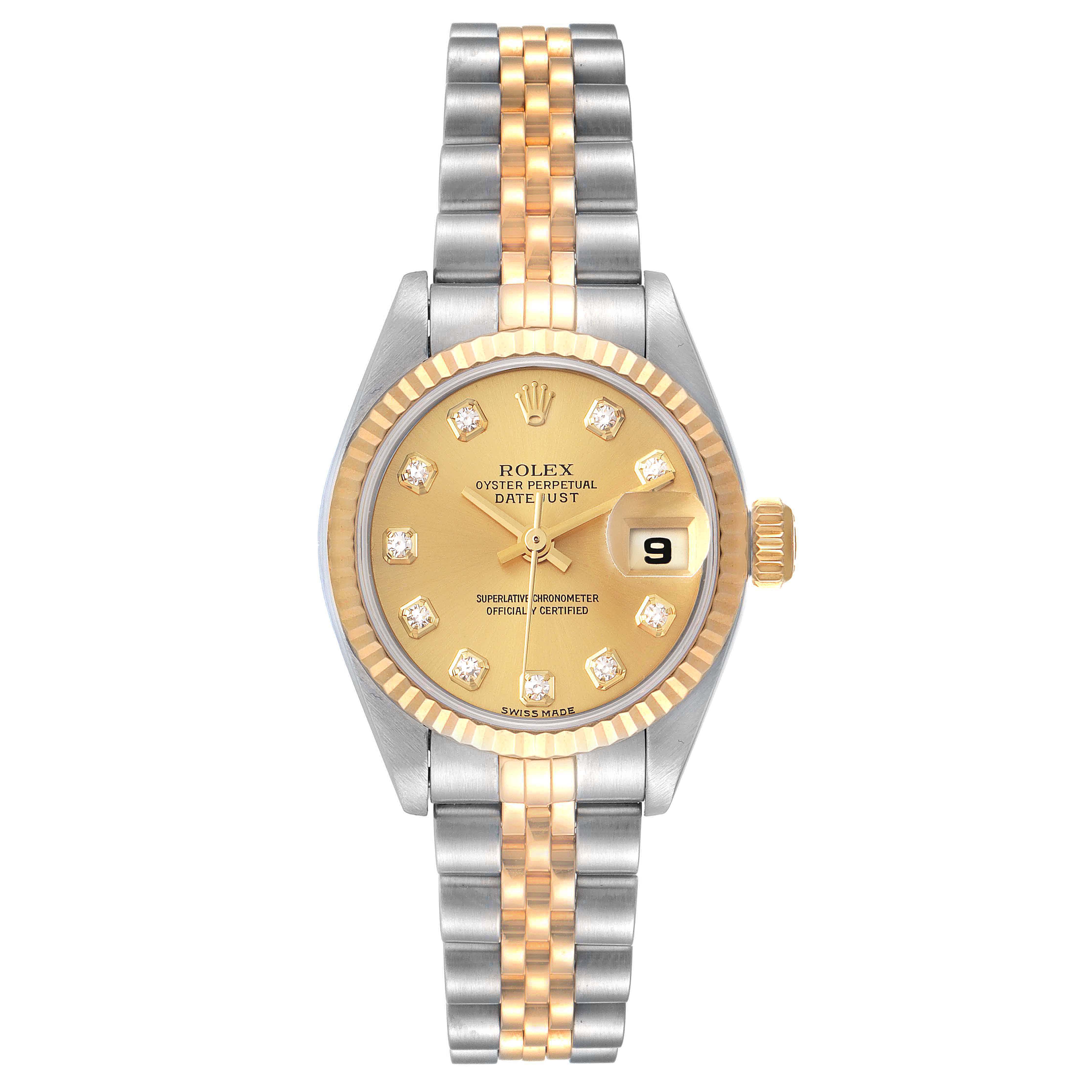 This image shows a Rolex Datejust 79173 Women's Steel and Gold (two tone) Champagne Dial 79173 Women's Steel and Gold (two tone) Champagne Dial watch from a front angle, displaying the dial, bezel, and bracelet in silver and gold.
