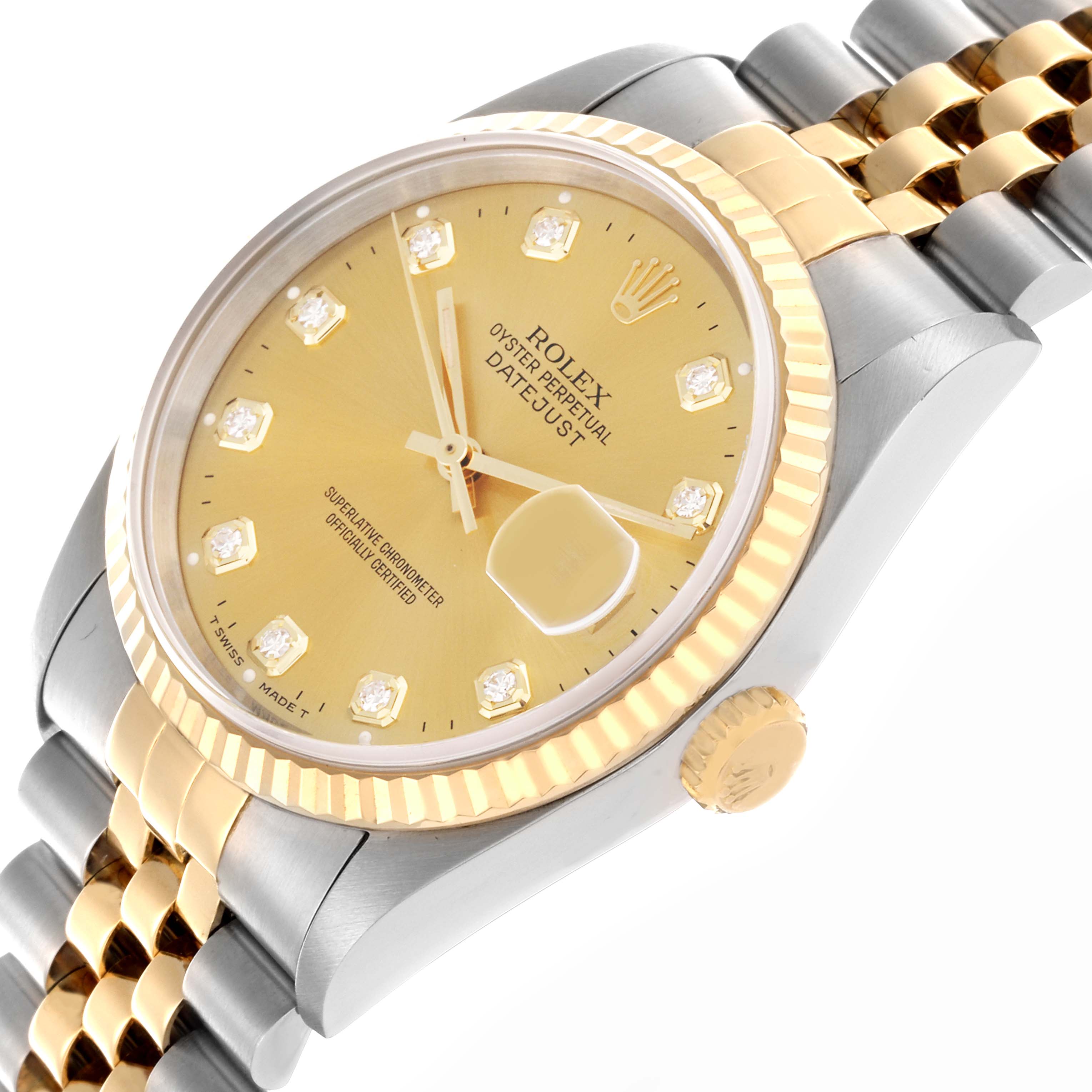 The Rolex Datejust 16233 Men
s Steel and Gold (two tone) Champagne Dial 16233 Men
s Steel and Gold (two tone) Champagne Dial watch is angled to show the gold dial, diamond hour markers, fluted bezel, and part of the Jubilee bracelet.