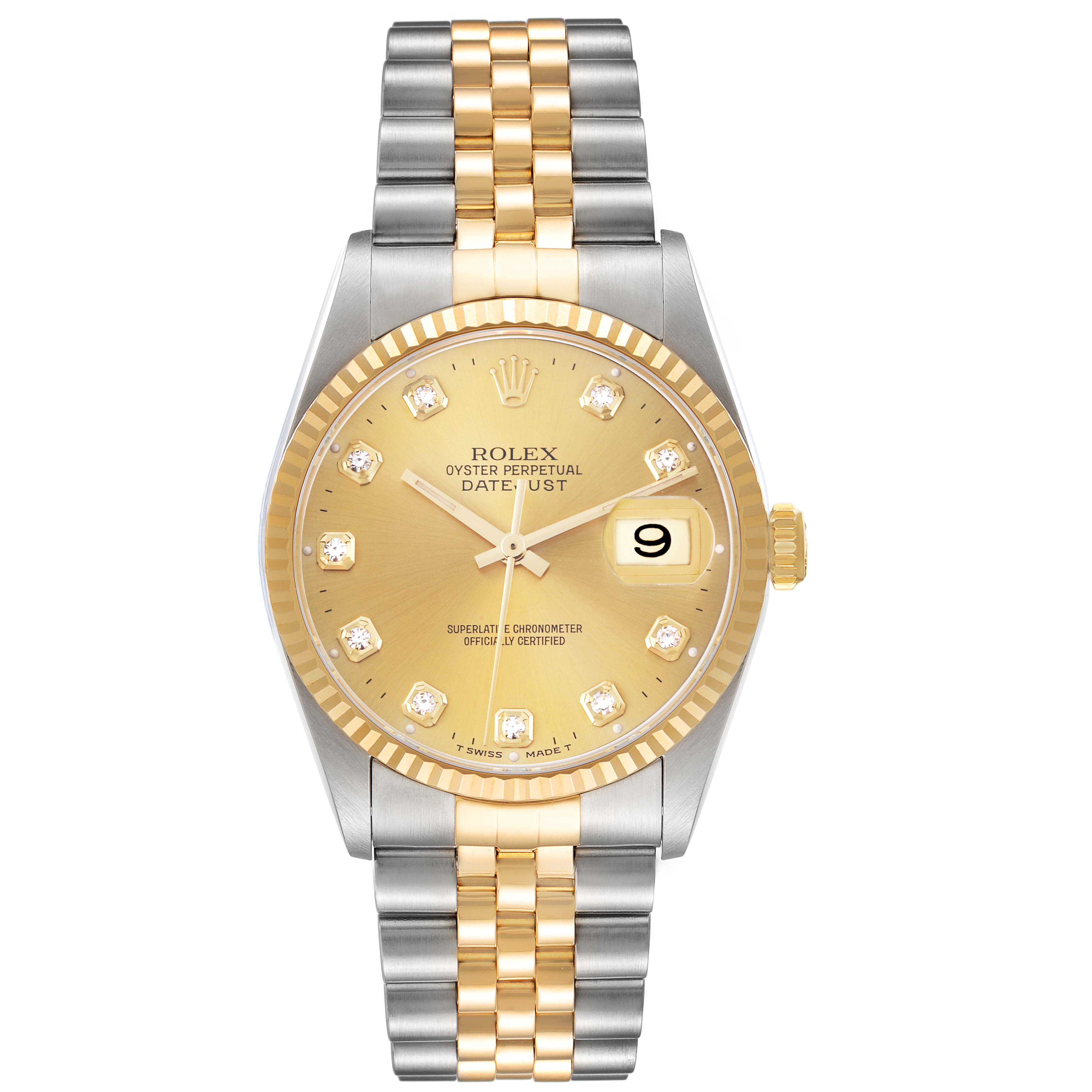 The Rolex Datejust 16233 Men
s Steel and Gold (two tone) Champagne Dial 16233 Men
s Steel and Gold (two tone) Champagne Dial watch is shown from the front, displaying its dial, bezel, crown, and two-tone bracelet.