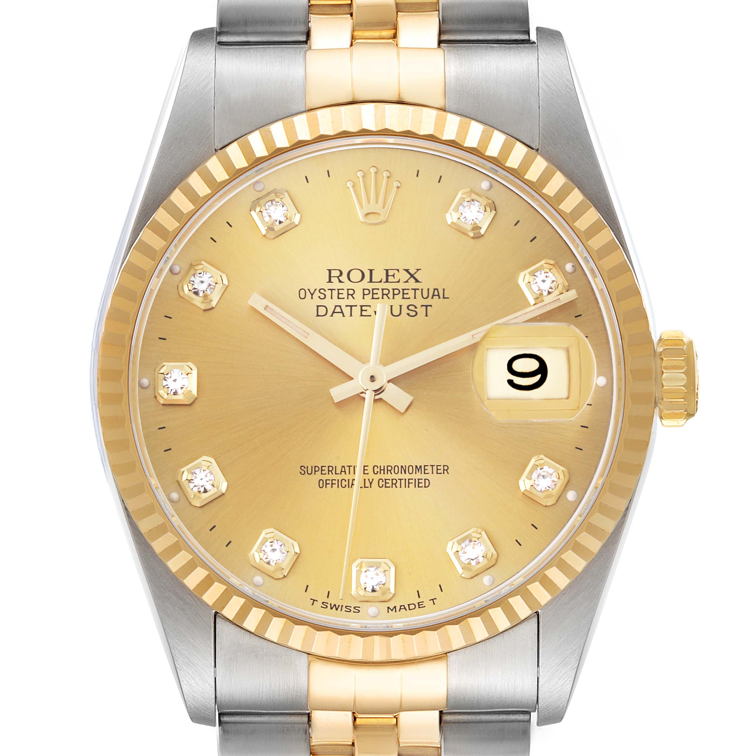 The Rolex Datejust 16233 Men
s Steel and Gold (two tone) Champagne Dial 16233 Men
s Steel and Gold (two tone) Champagne Dial watch is shown from a frontal angle, displaying the dial, fluted bezel, bracelet, and crown.