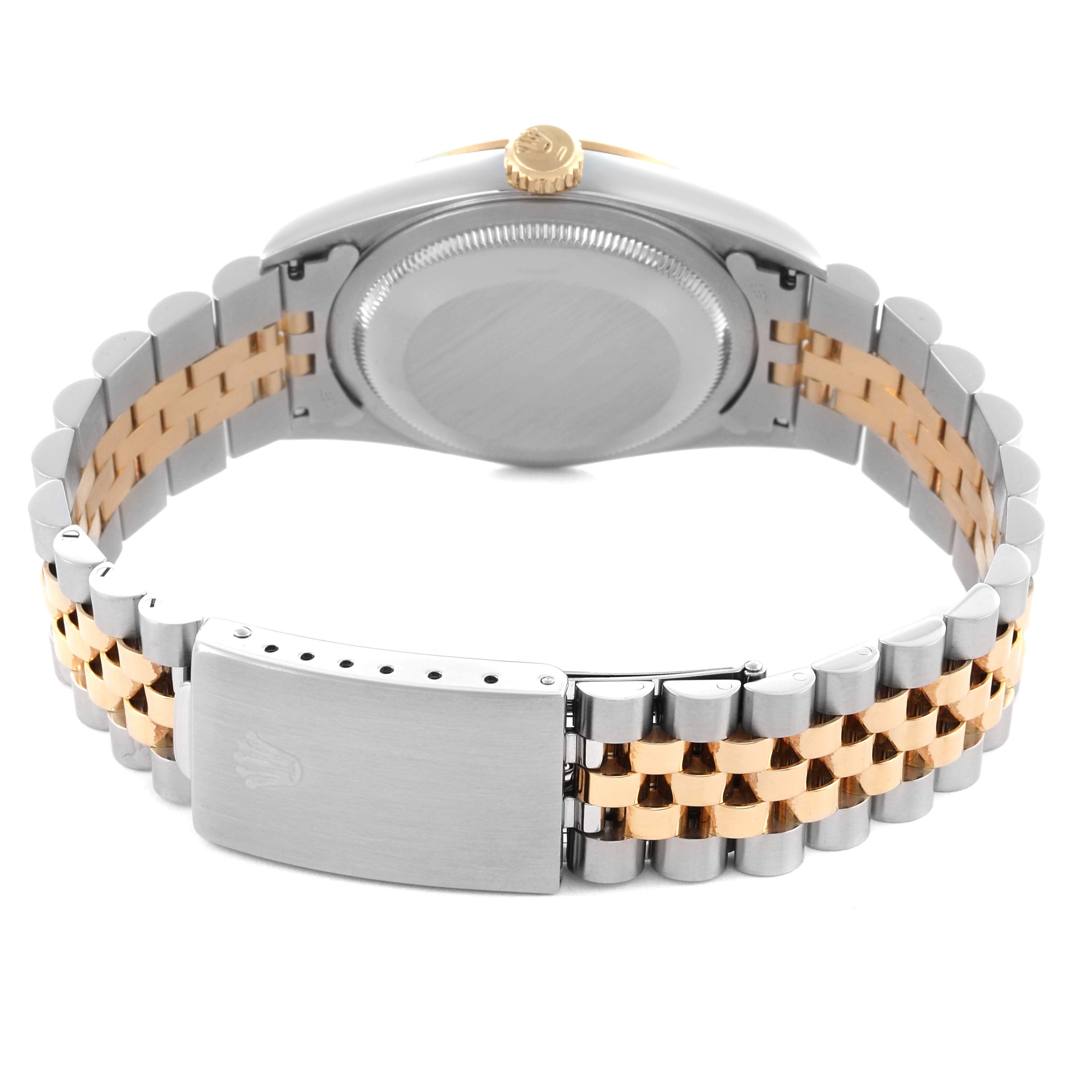The image shows the back of a Rolex Datejust 16233 Men
s Steel and Gold (two tone) Champagne Dial 16233 Men
s Steel and Gold (two tone) Champagne Dial watch, highlighting the two-tone Jubilee bracelet and deployment clasp.