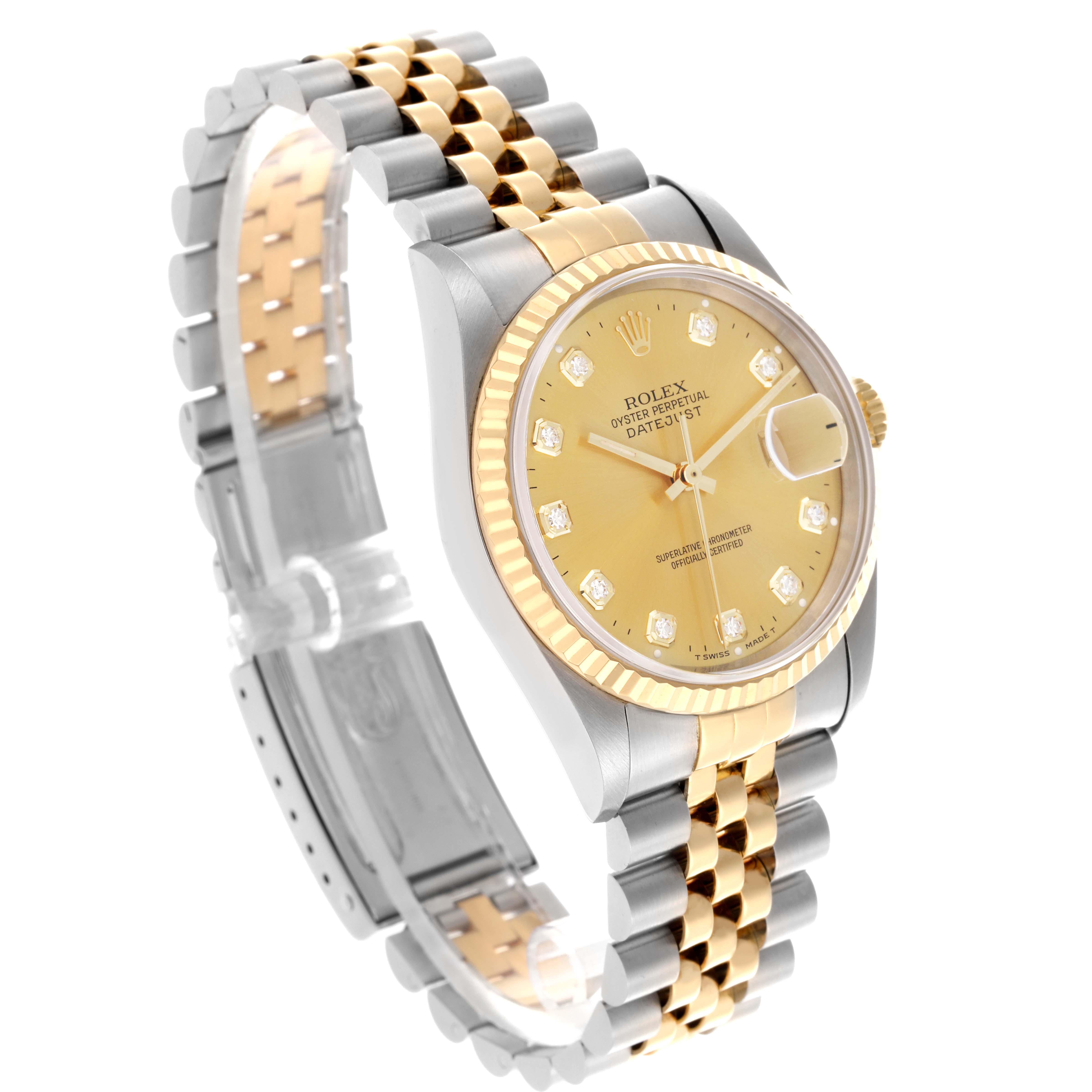 The Rolex Datejust 16233 Men
s Steel and Gold (two tone) Champagne Dial 16233 Men
s Steel and Gold (two tone) Champagne Dial watch is shown at a slight side angle, highlighting the face, bezel, and two-tone bracelet.
