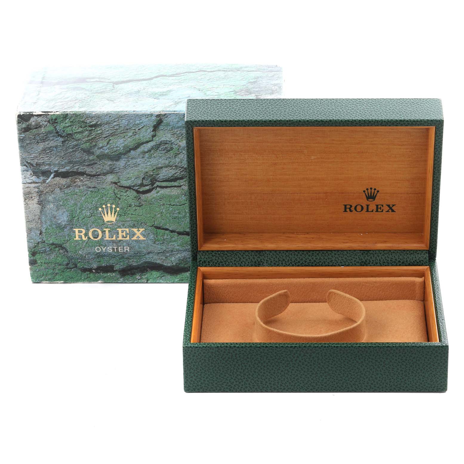 The image shows an open Rolex Datejust 16233 Men
s Steel and Gold (two tone) Champagne Dial 16233 Men
s Steel and Gold (two tone) Champagne Dial box and outer packaging from a front angle, with the watch holder visible inside.