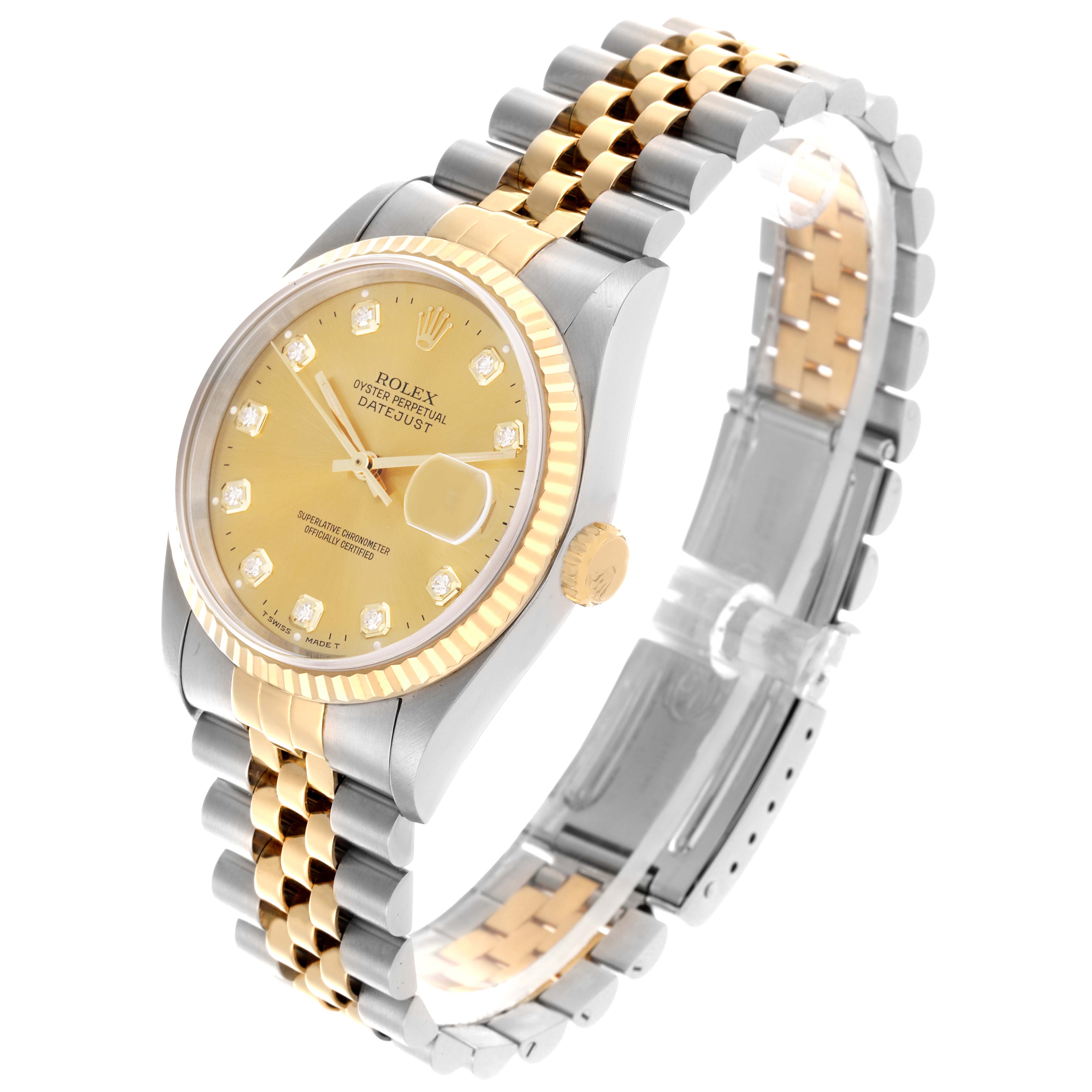 The Rolex Datejust 16233 Men
s Steel and Gold (two tone) Champagne Dial 16233 Men
s Steel and Gold (two tone) Champagne Dial watch is shown at a slight angle, displaying the dial, bezel, crown, and jubilee bracelet.